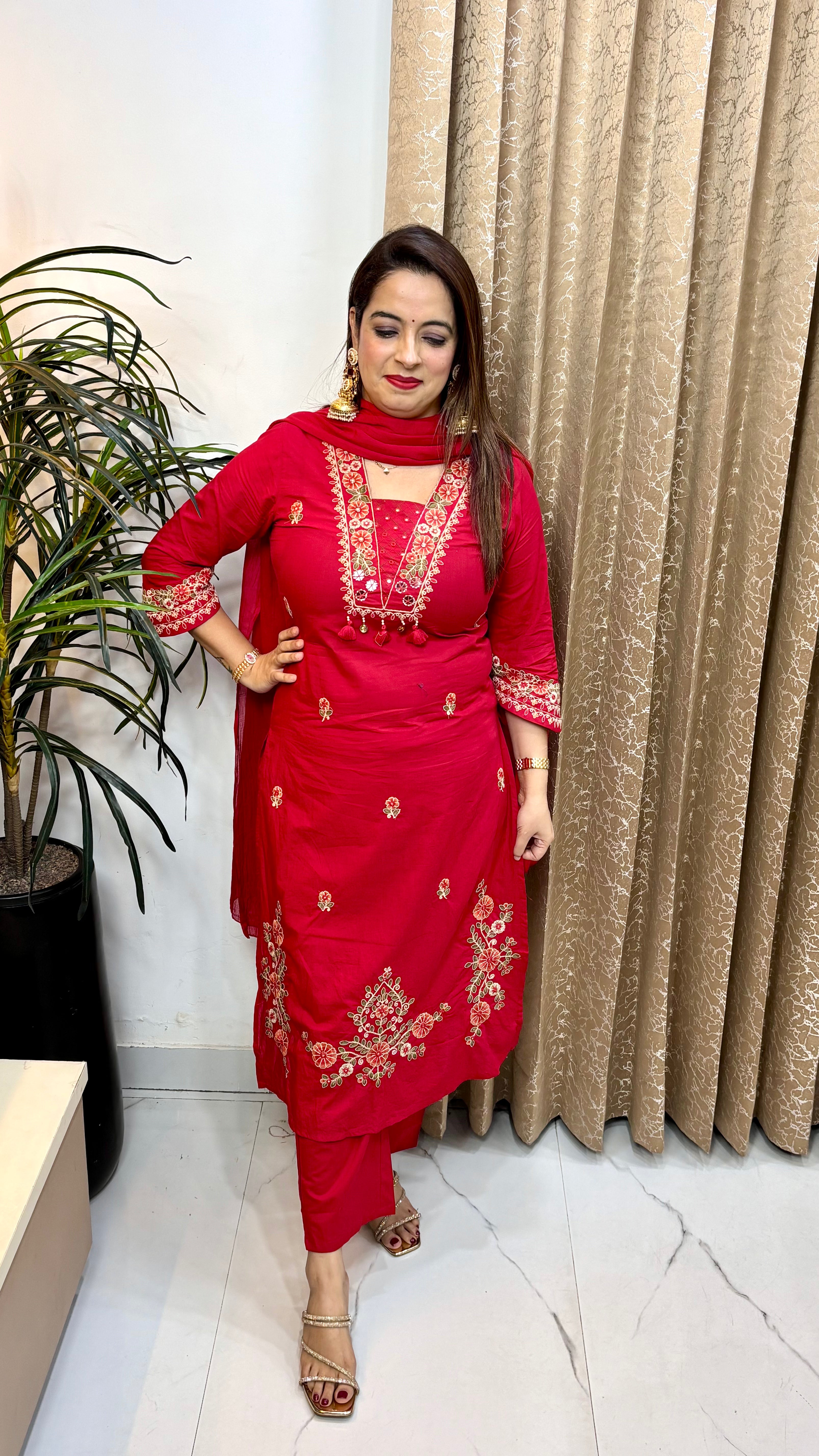 Pure Cotton Suit with Chinese Collar, Embroidery, Tassels & Mulmul Dupatta