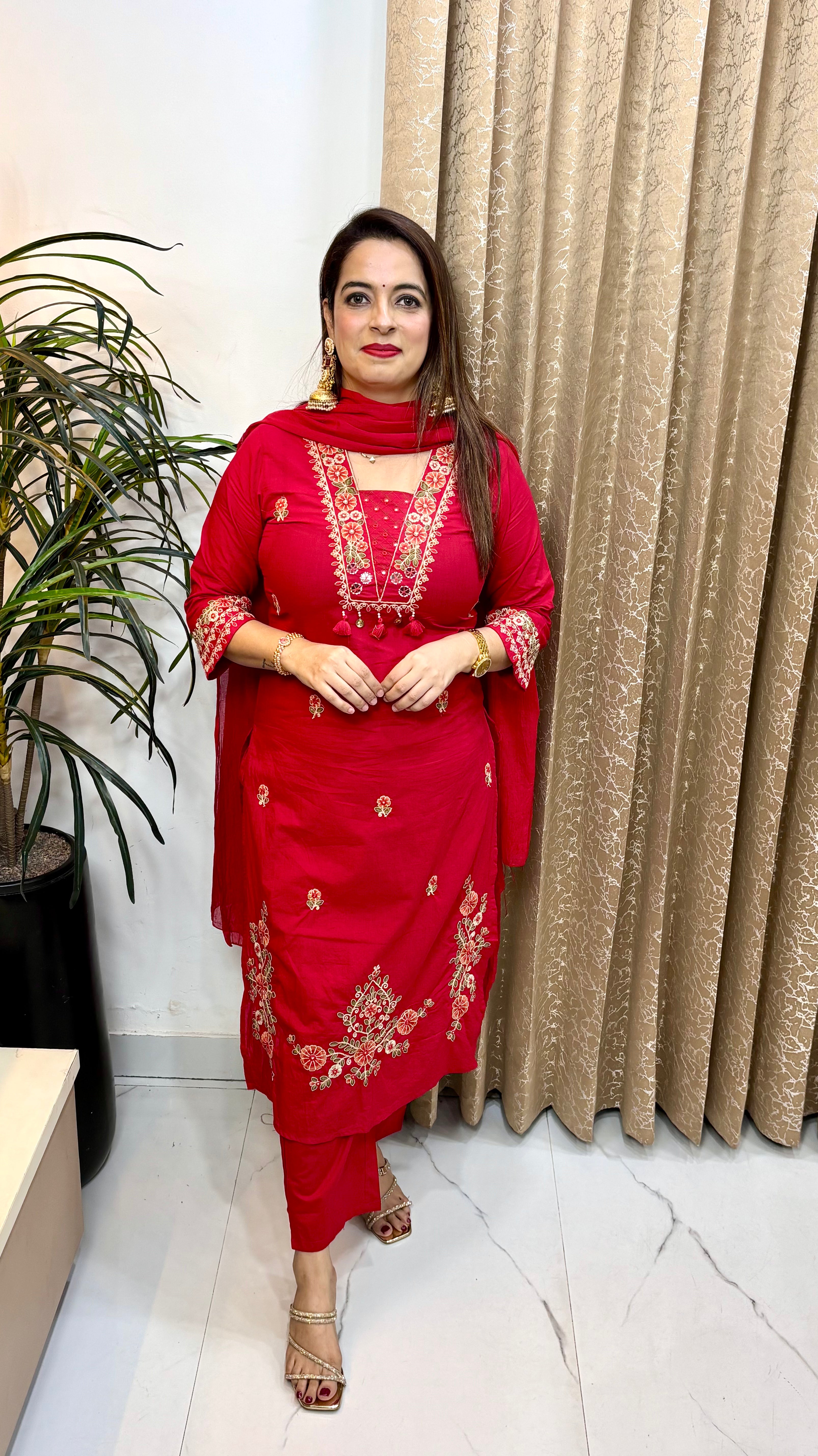 Pure Cotton Suit with Chinese Collar, Embroidery, Tassels & Mulmul Dupatta