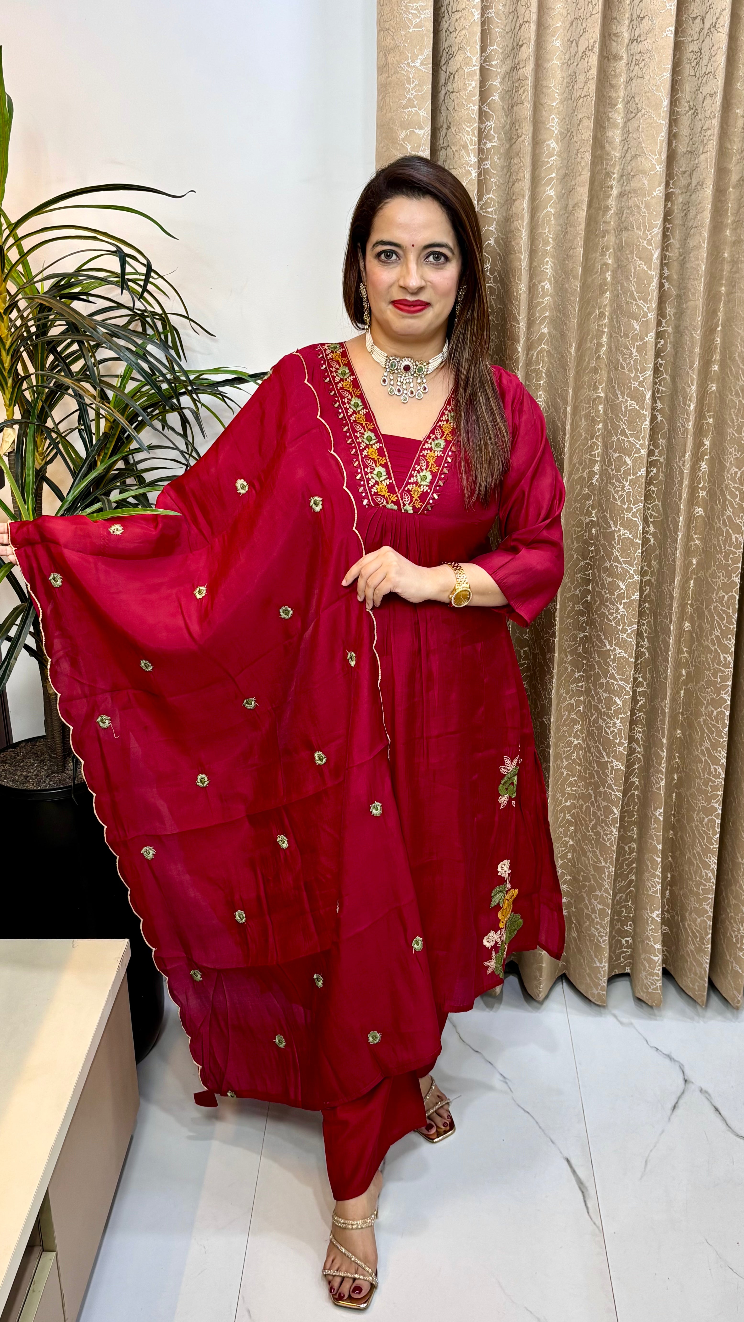 Mul Chanderi 3-Piece Suit with Pintex Work, Cutwork Dupatta & Pure Cotton Lining