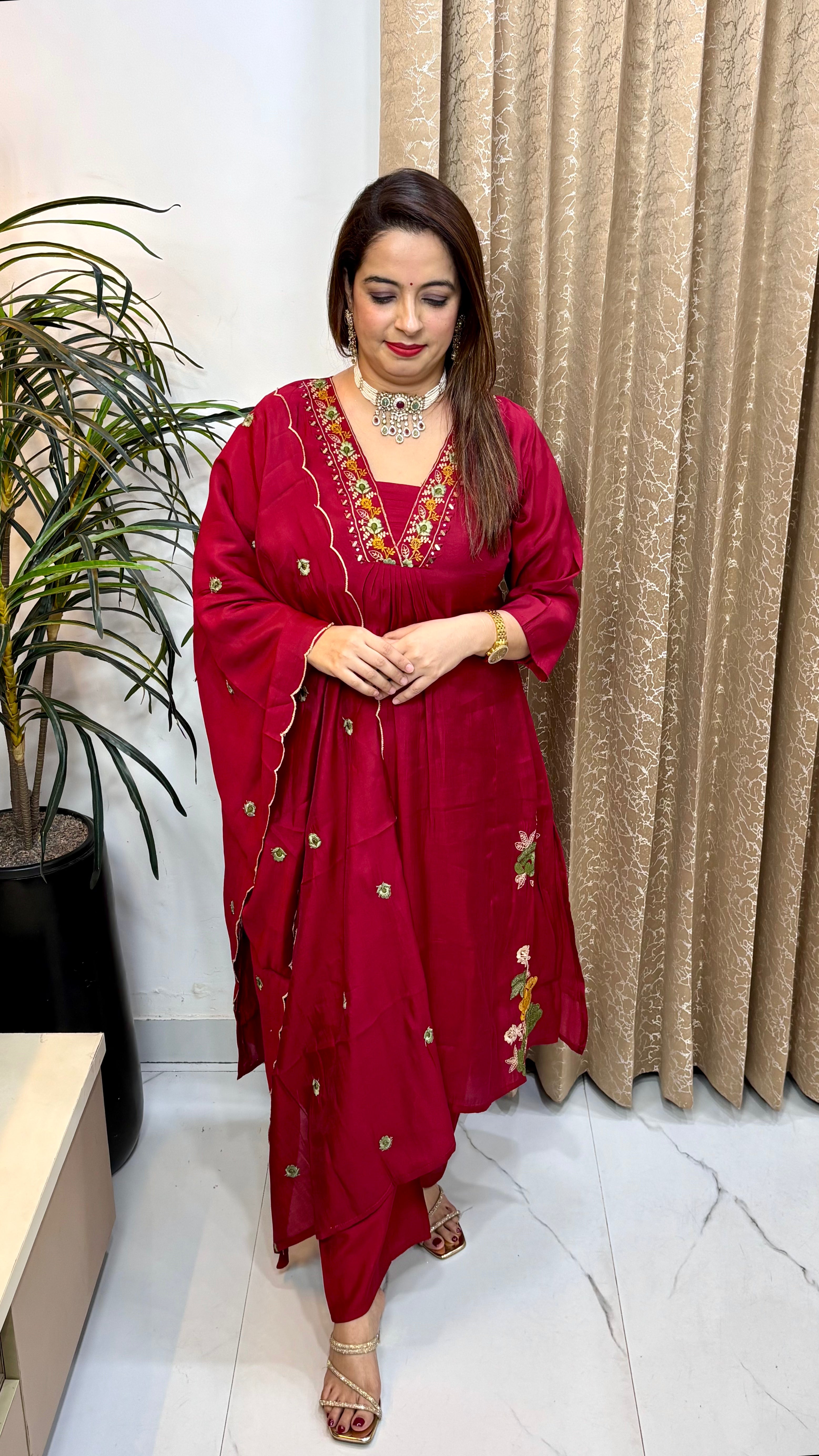 Mul Chanderi 3-Piece Suit with Pintex Work, Cutwork Dupatta & Pure Cotton Lining