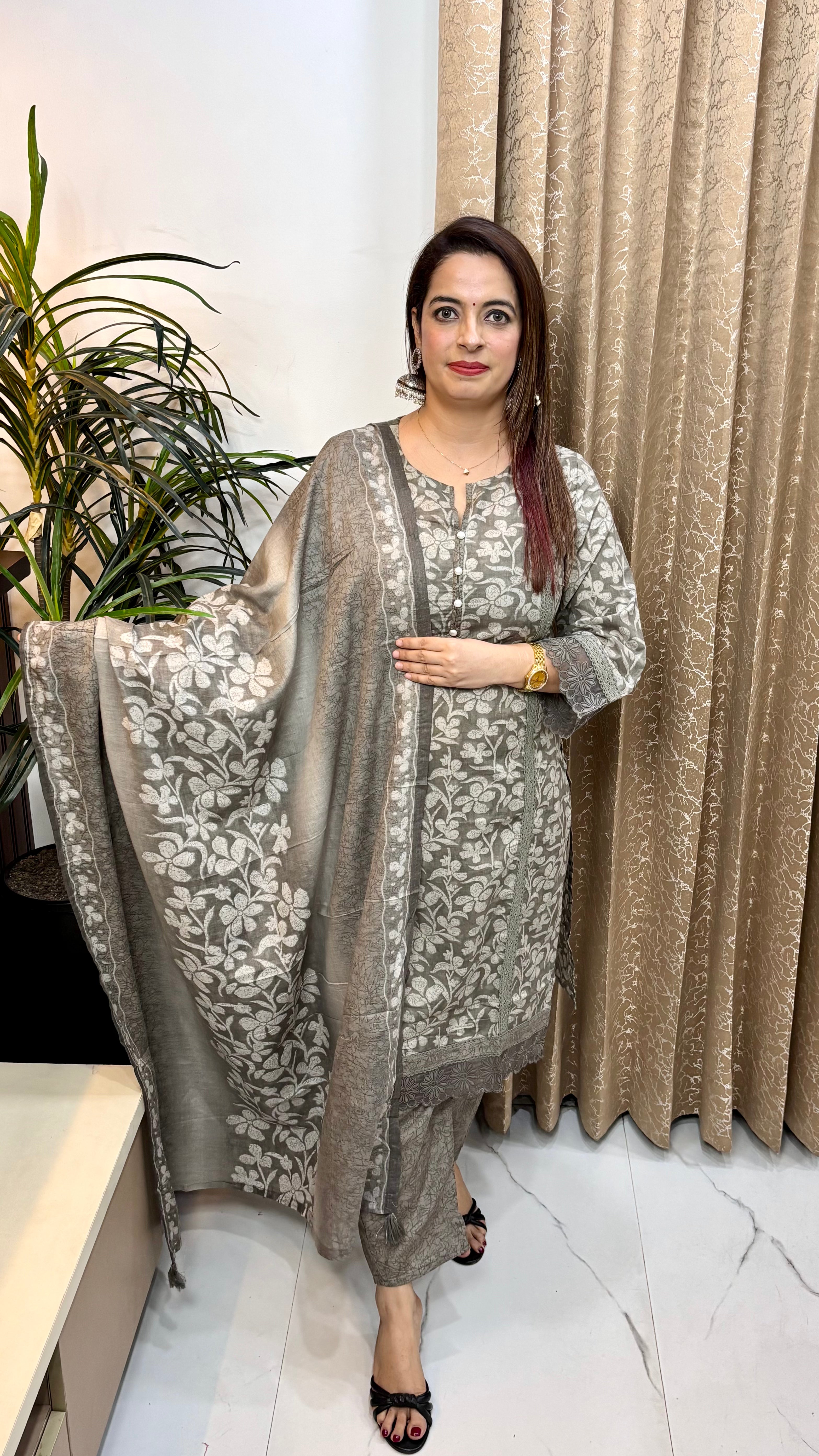 Pure Cotton Pakistani Style 3-Piece Suit with Crochet Lace & Mulmul Dupatta