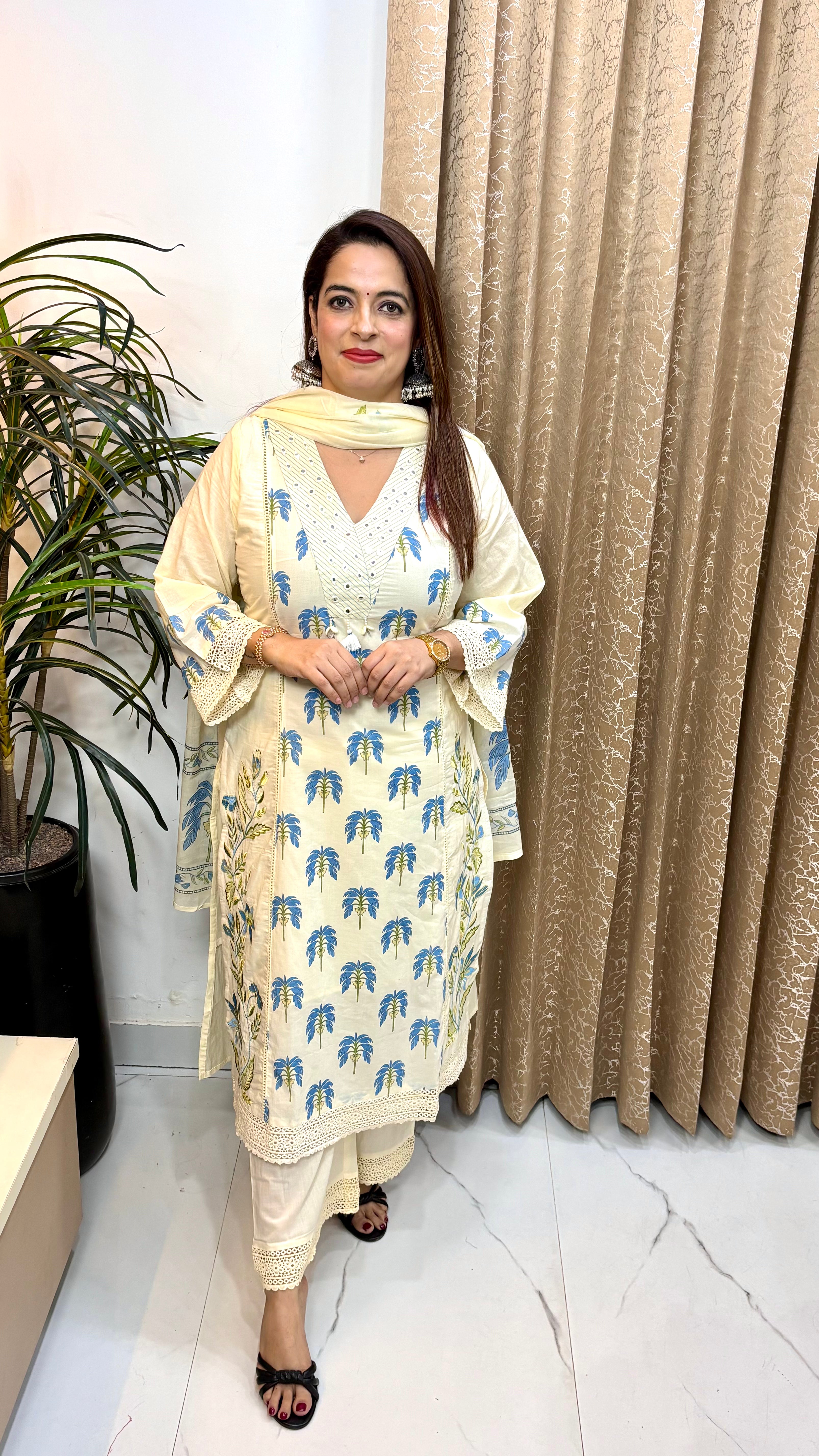 Pure Cotton Floral Suit with Real Mirror Work, Panel Lacing & Mulmul Dupatta