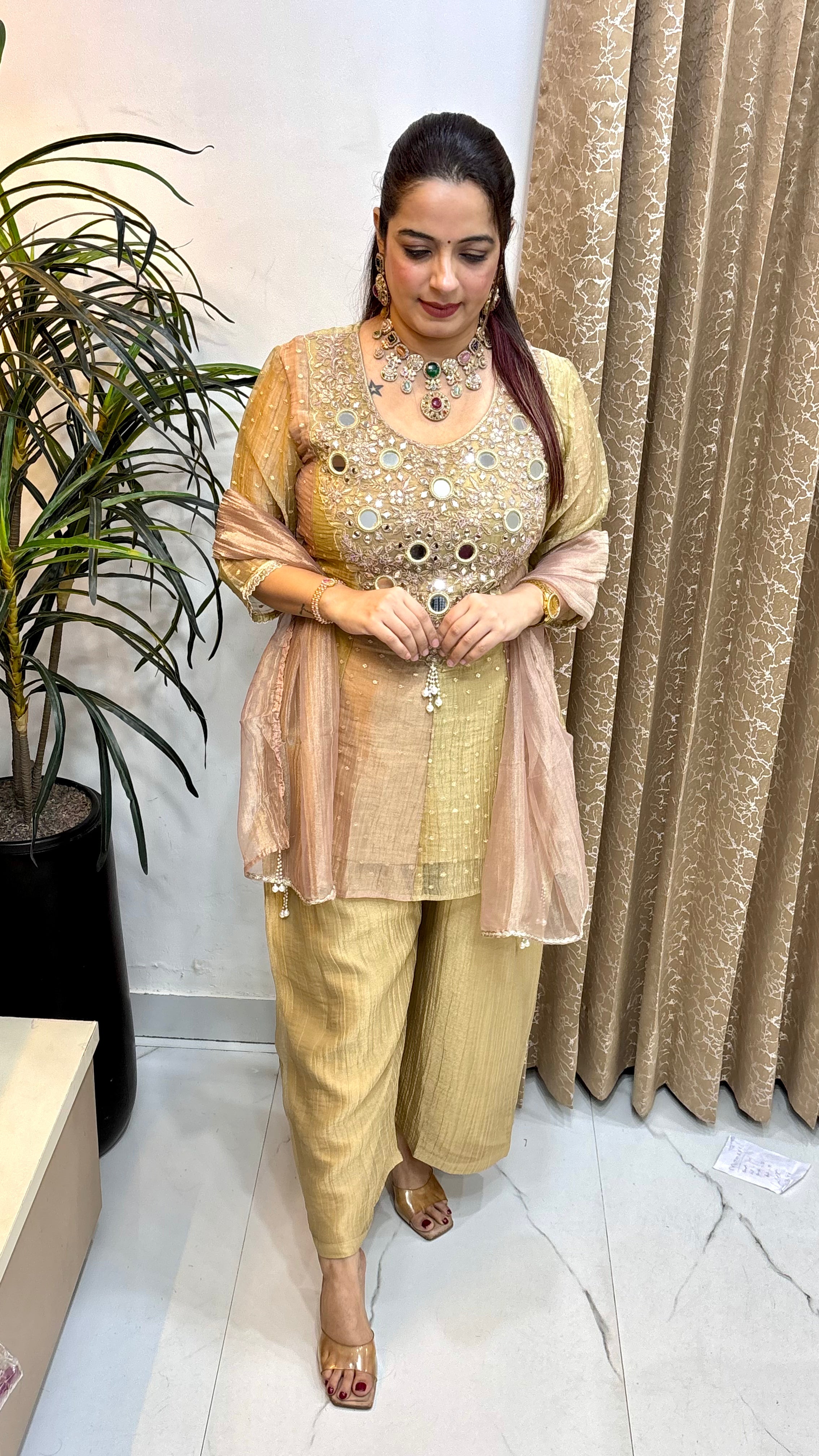 Crushed Organza Shimmer Short Anarkali Suit with Real Mirror Work & Loose Divider
