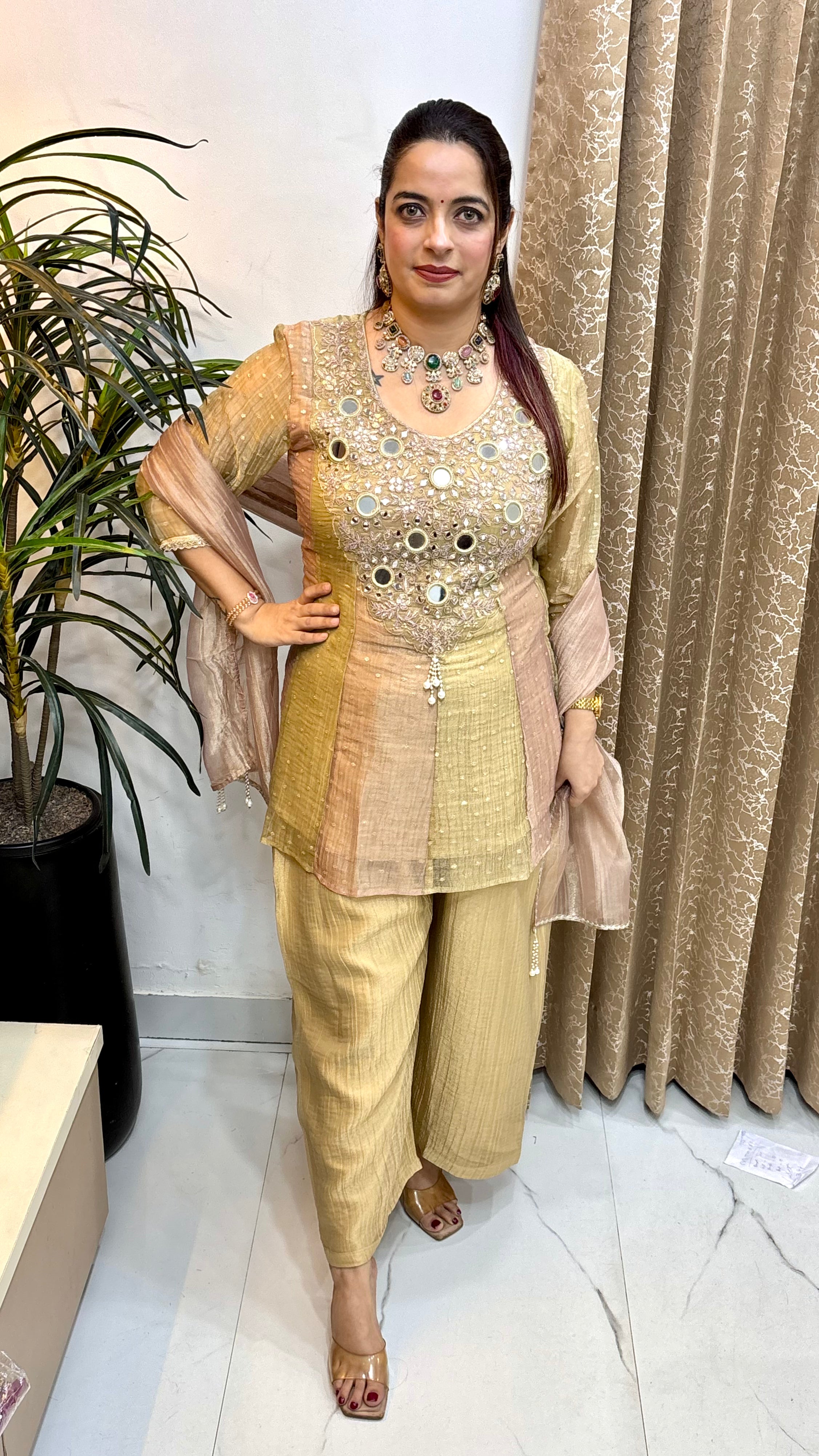 Crushed Organza Shimmer Short Anarkali Suit with Real Mirror Work & Loose Divider