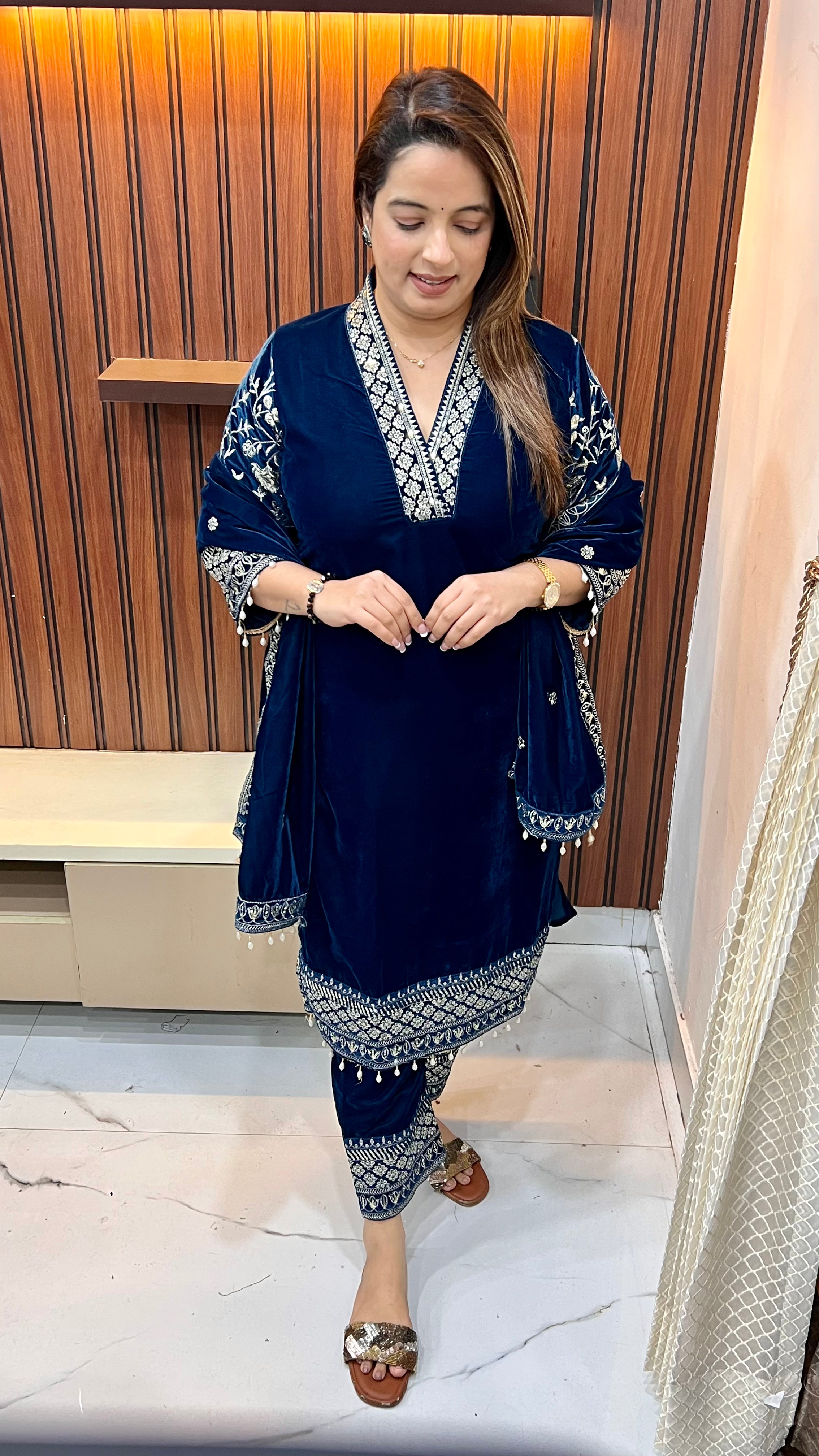 Velvet Suit — Heavy Hand Embroidery with Chinese Collar & Tasselled Dupatta