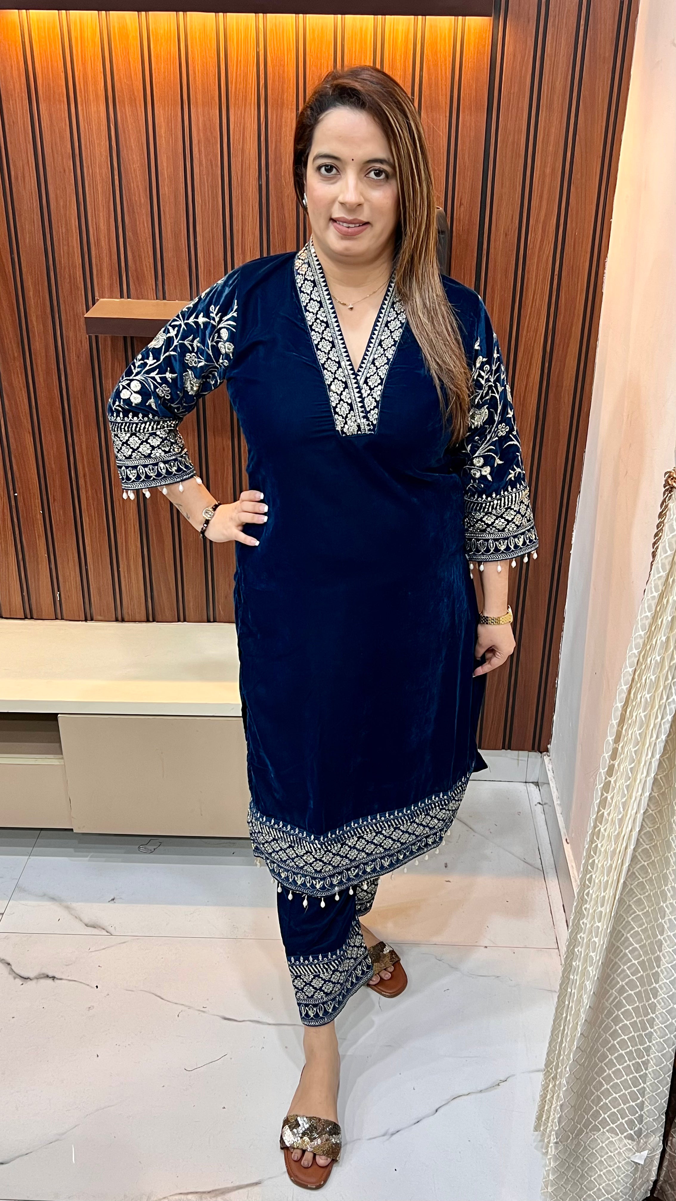 Velvet Suit — Heavy Hand Embroidery with Chinese Collar & Tasselled Dupatta