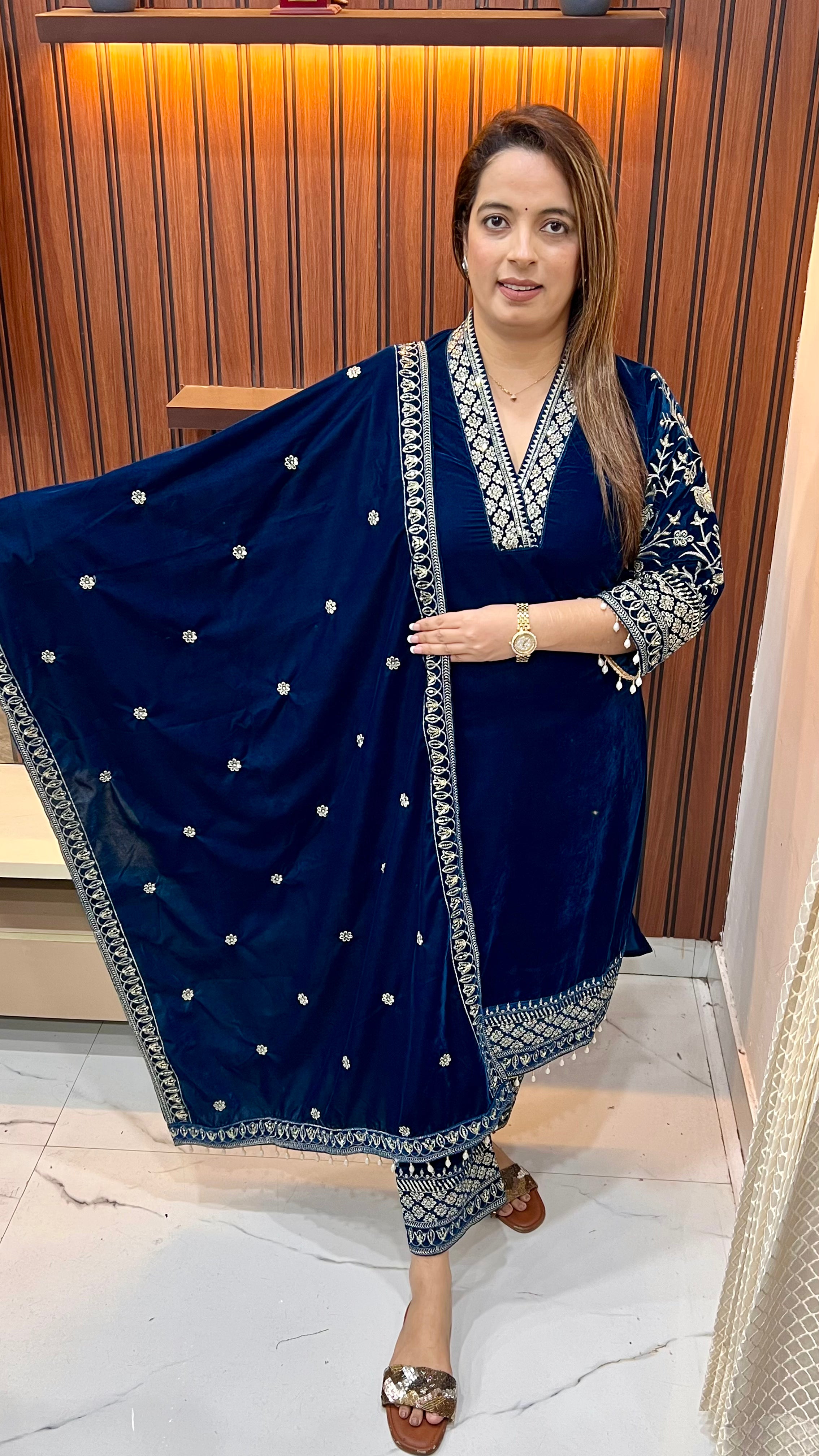 Velvet Suit — Heavy Hand Embroidery with Chinese Collar & Tasselled Dupatta