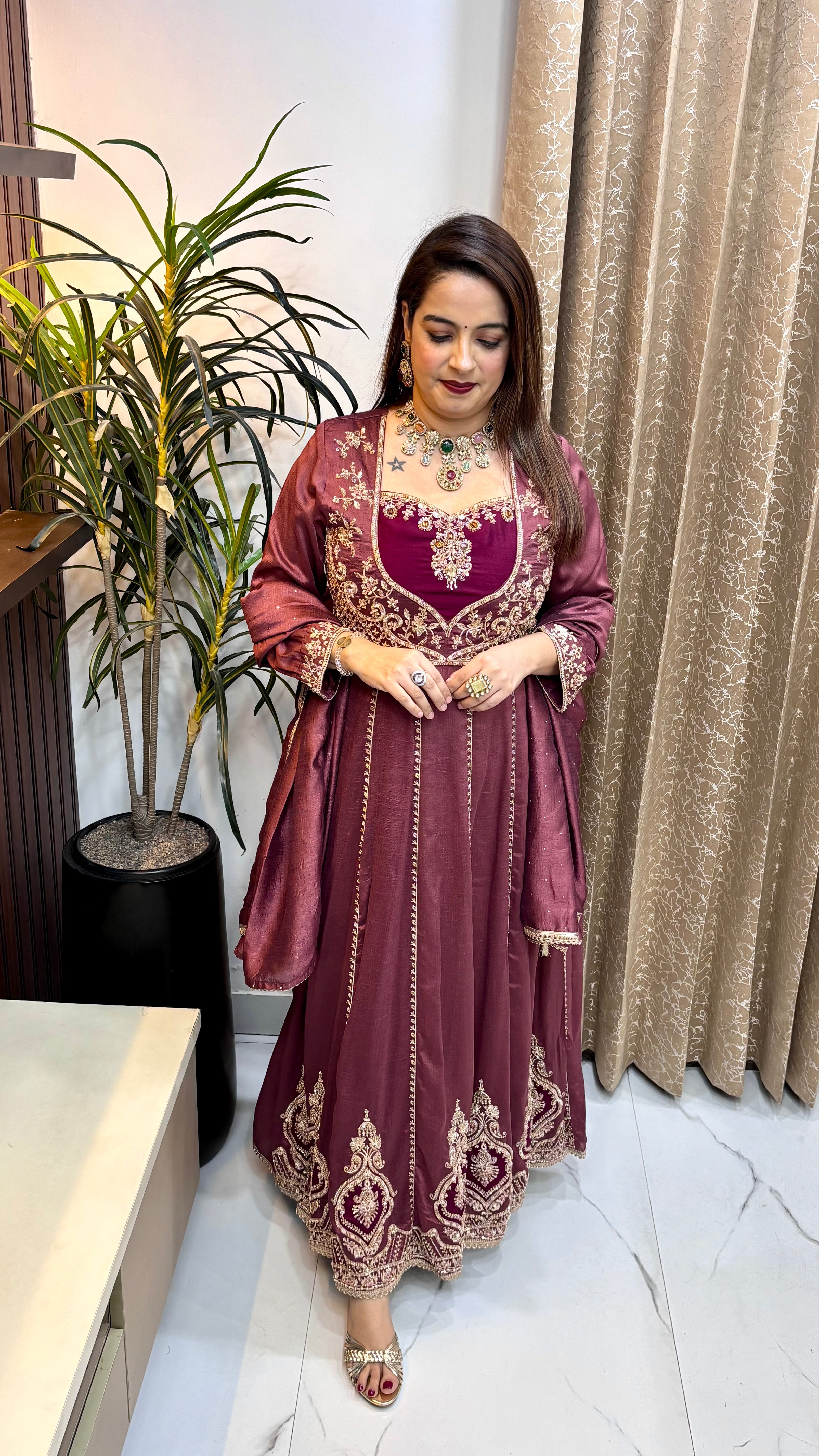 Pure Silk Anarkali 2-Piece Suit with Zardozi & Korean Crystal Detailing