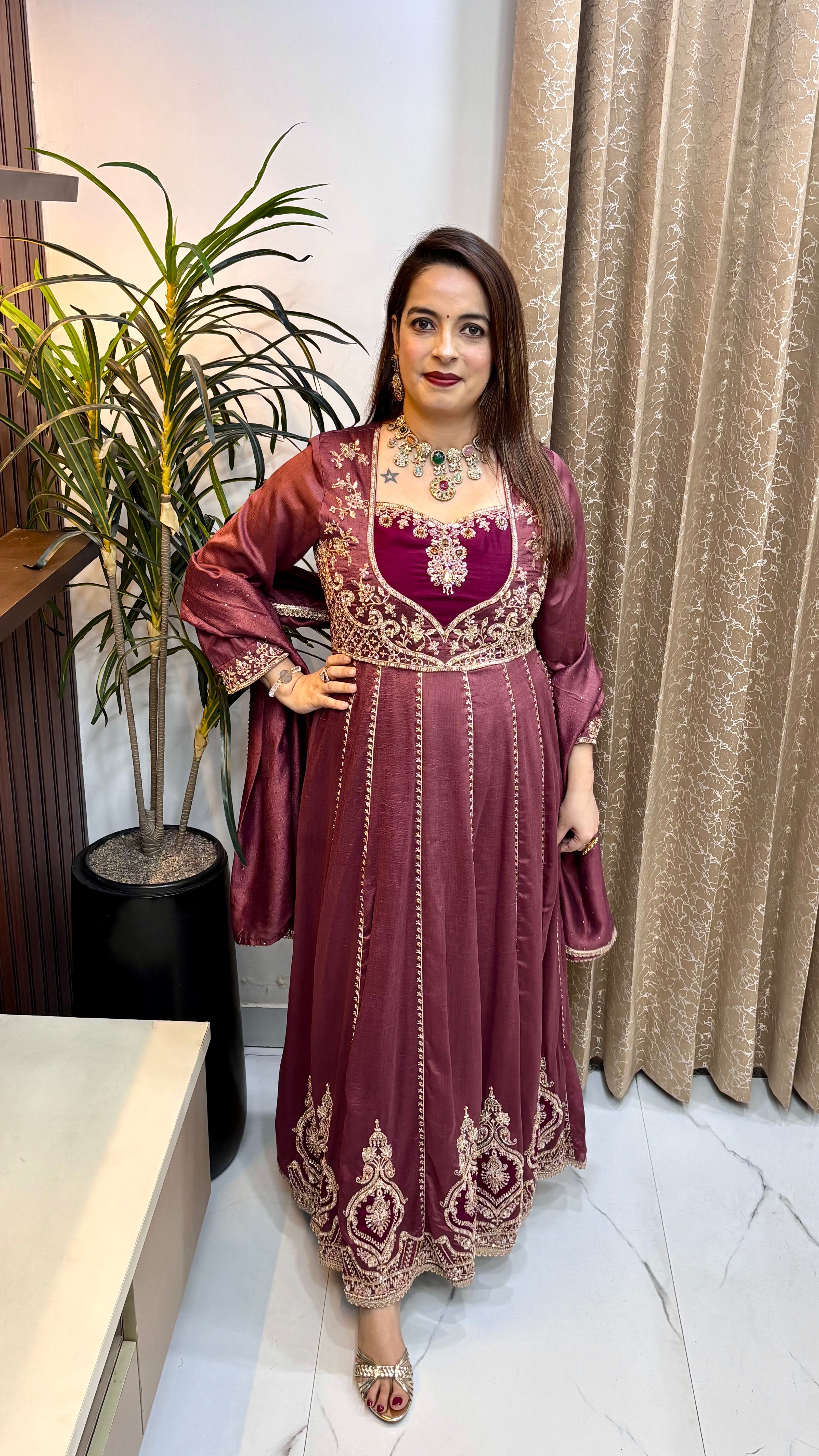 Pure Silk Anarkali 2-Piece Suit with Zardozi & Korean Crystal Detailing