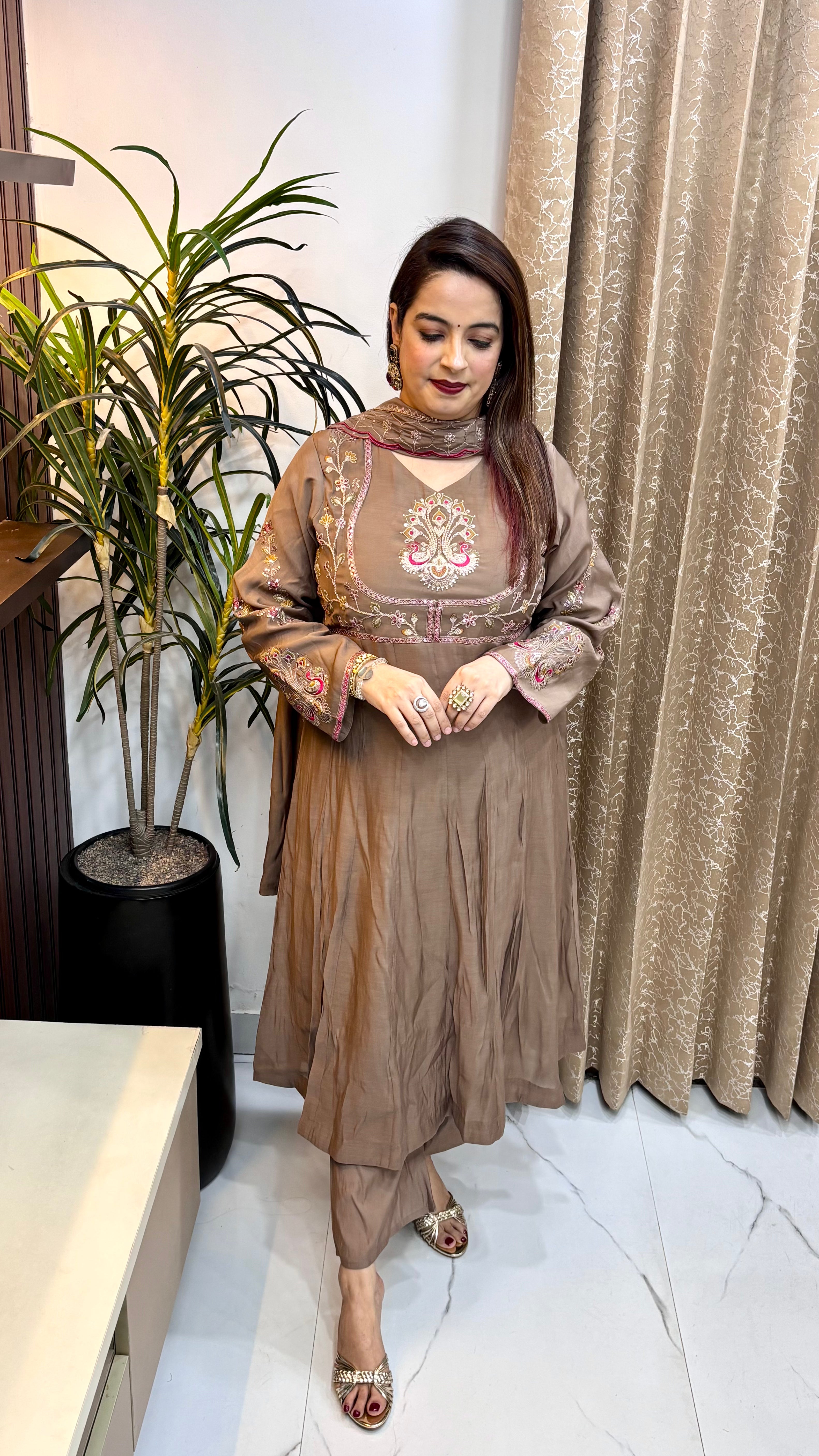 Mul Chanderi Anarkali Suit Set with Cut-Work Embroidered Dupatta