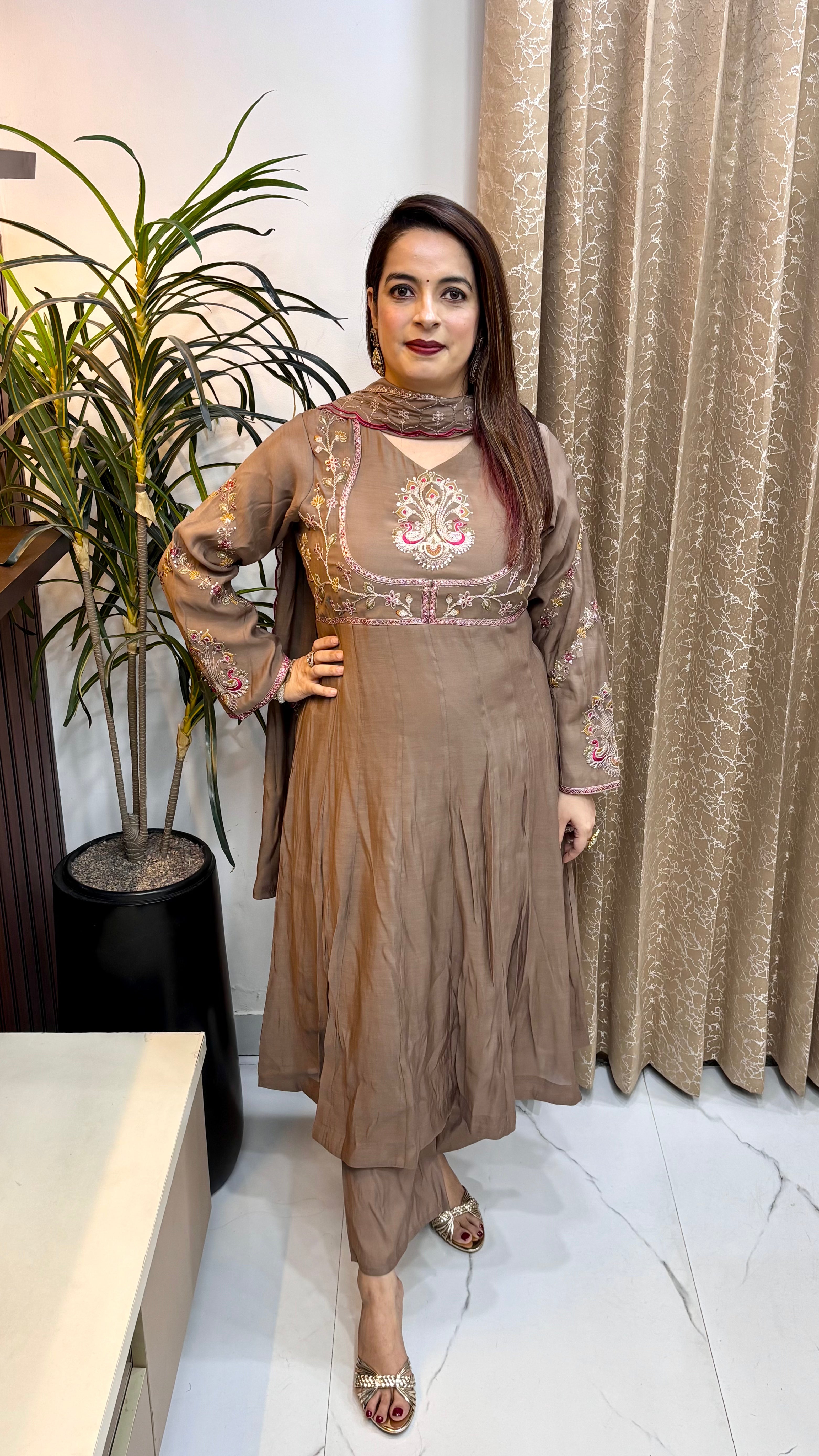 Mul Chanderi Anarkali Suit Set with Cut-Work Embroidered Dupatta