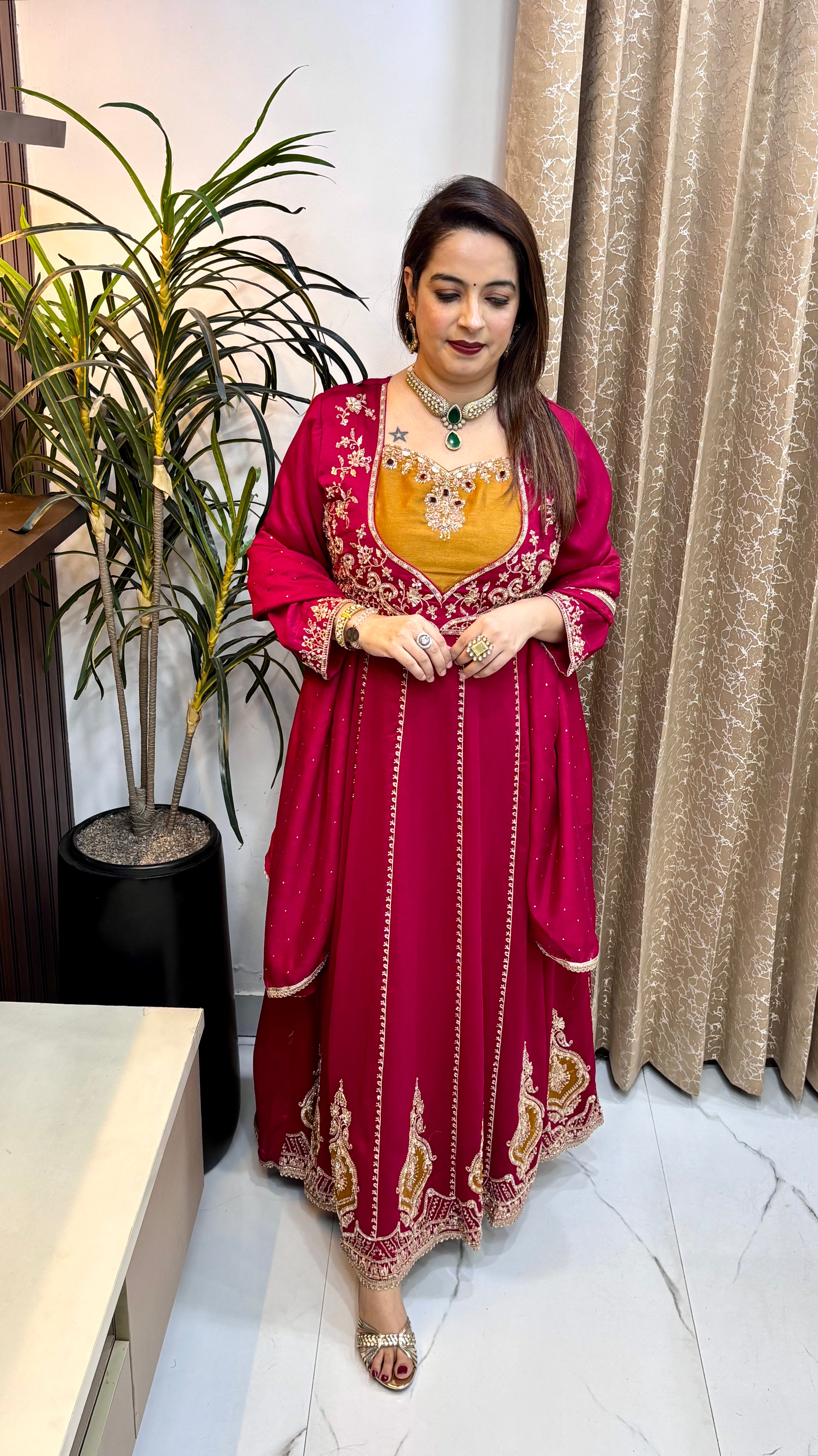 Pure Silk Anarkali 2-Piece Suit with Zardozi & Korean Crystal Detailing