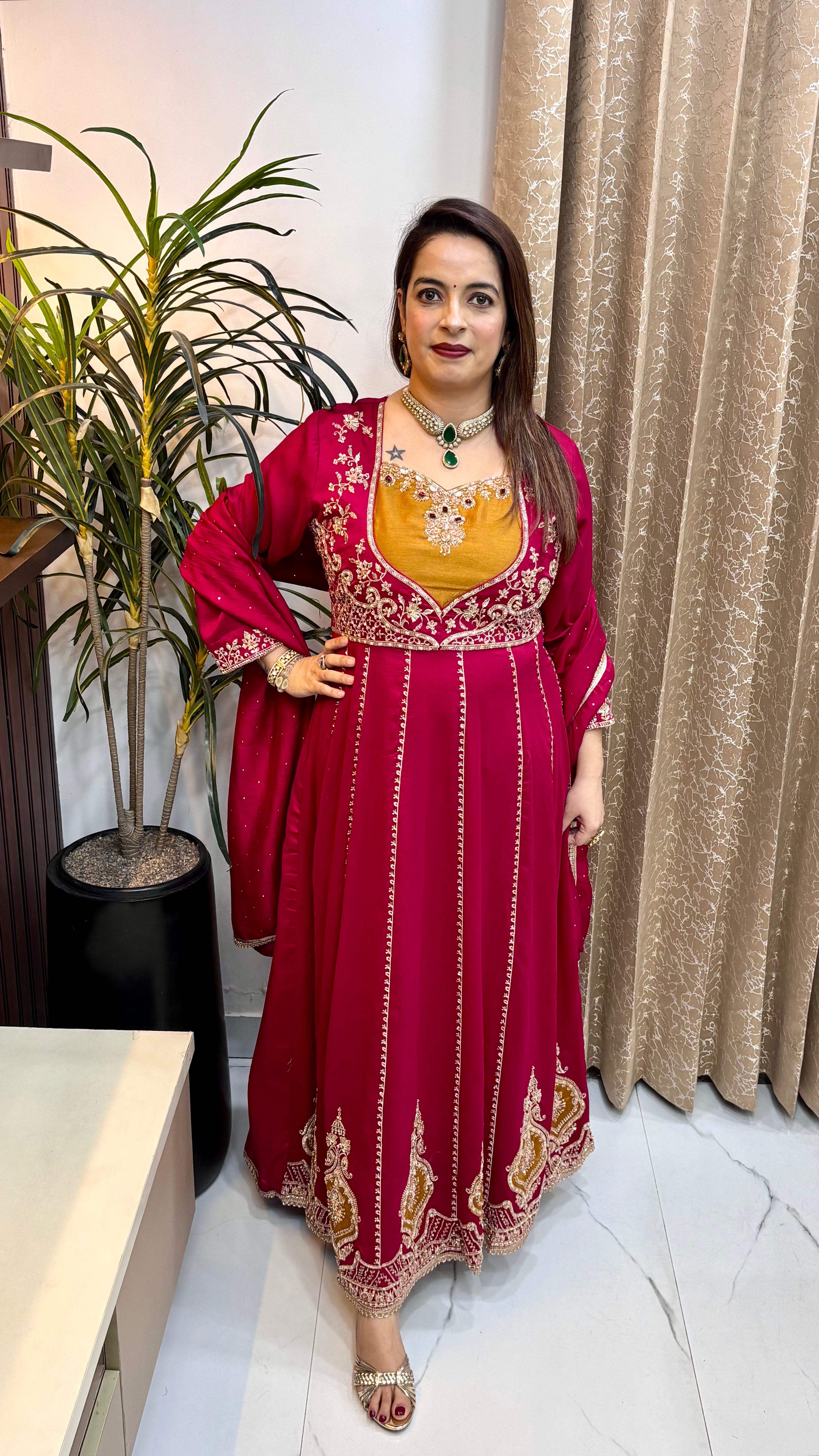 Pure Silk Anarkali 2-Piece Suit with Zardozi & Korean Crystal Detailing