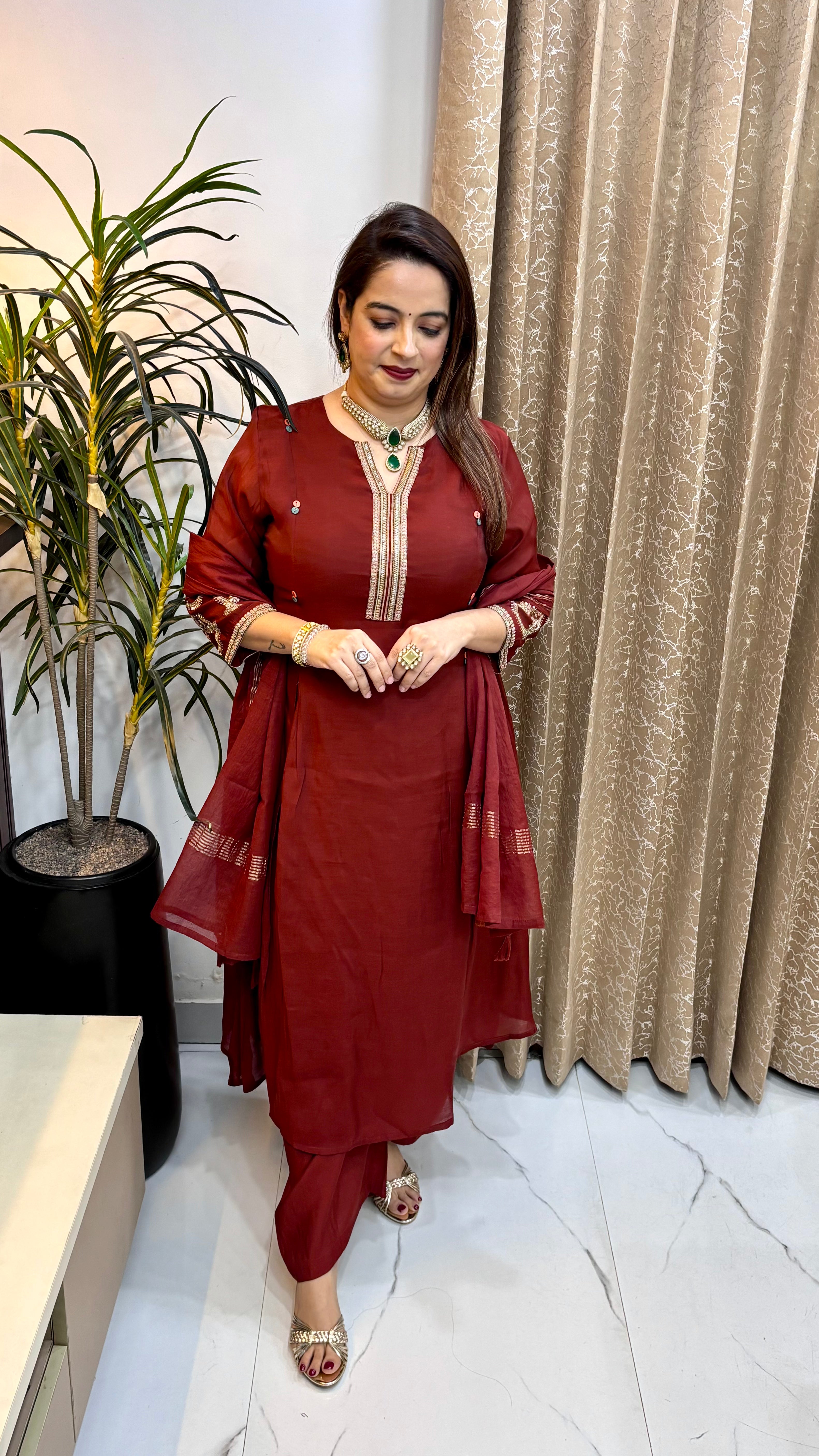 Mul Chanderi A-Line Suit Set with Hand Embroidery & Lagdi Patta Dupatta