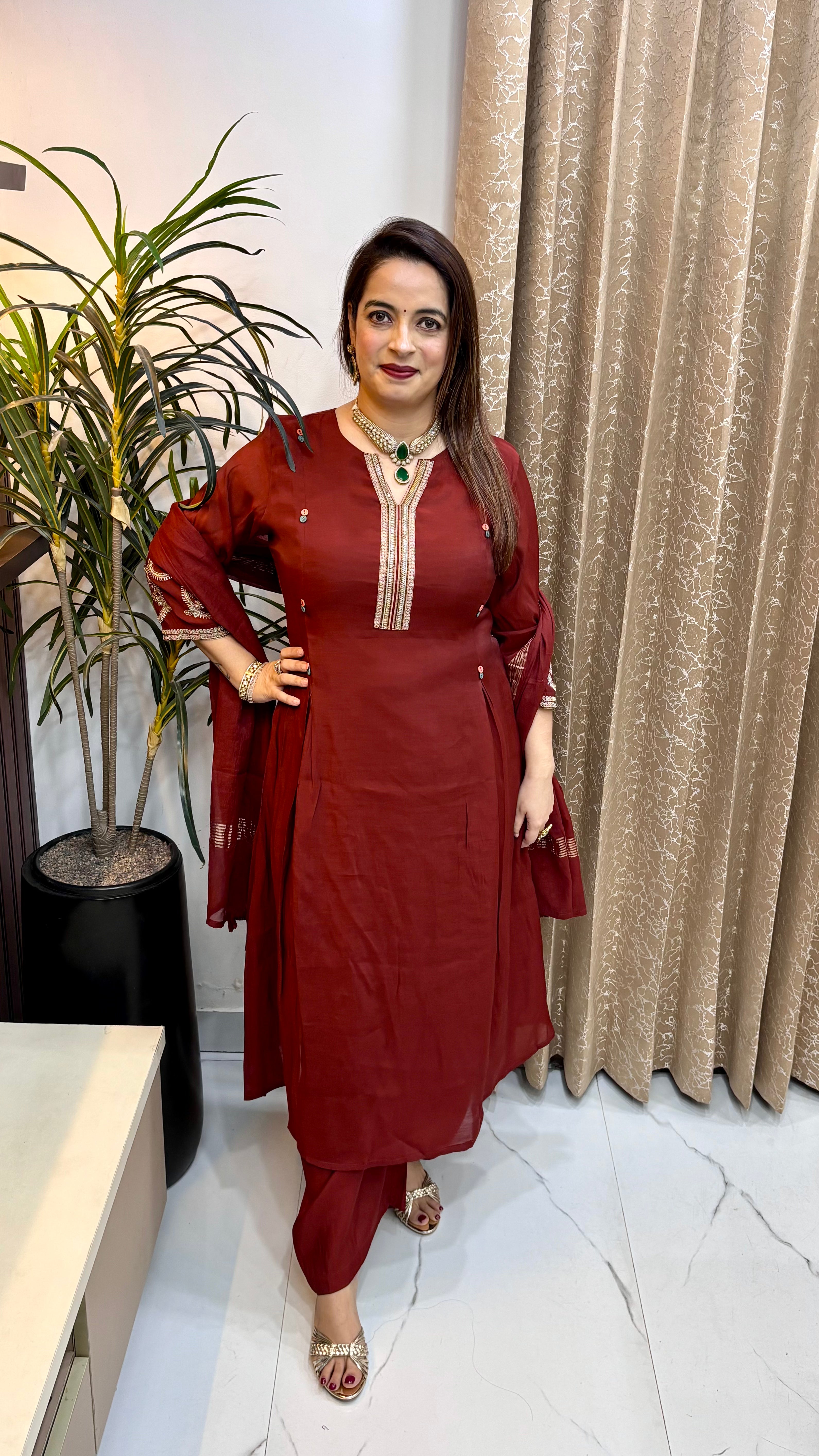 Mul Chanderi A-Line Suit Set with Hand Embroidery & Lagdi Patta Dupatta
