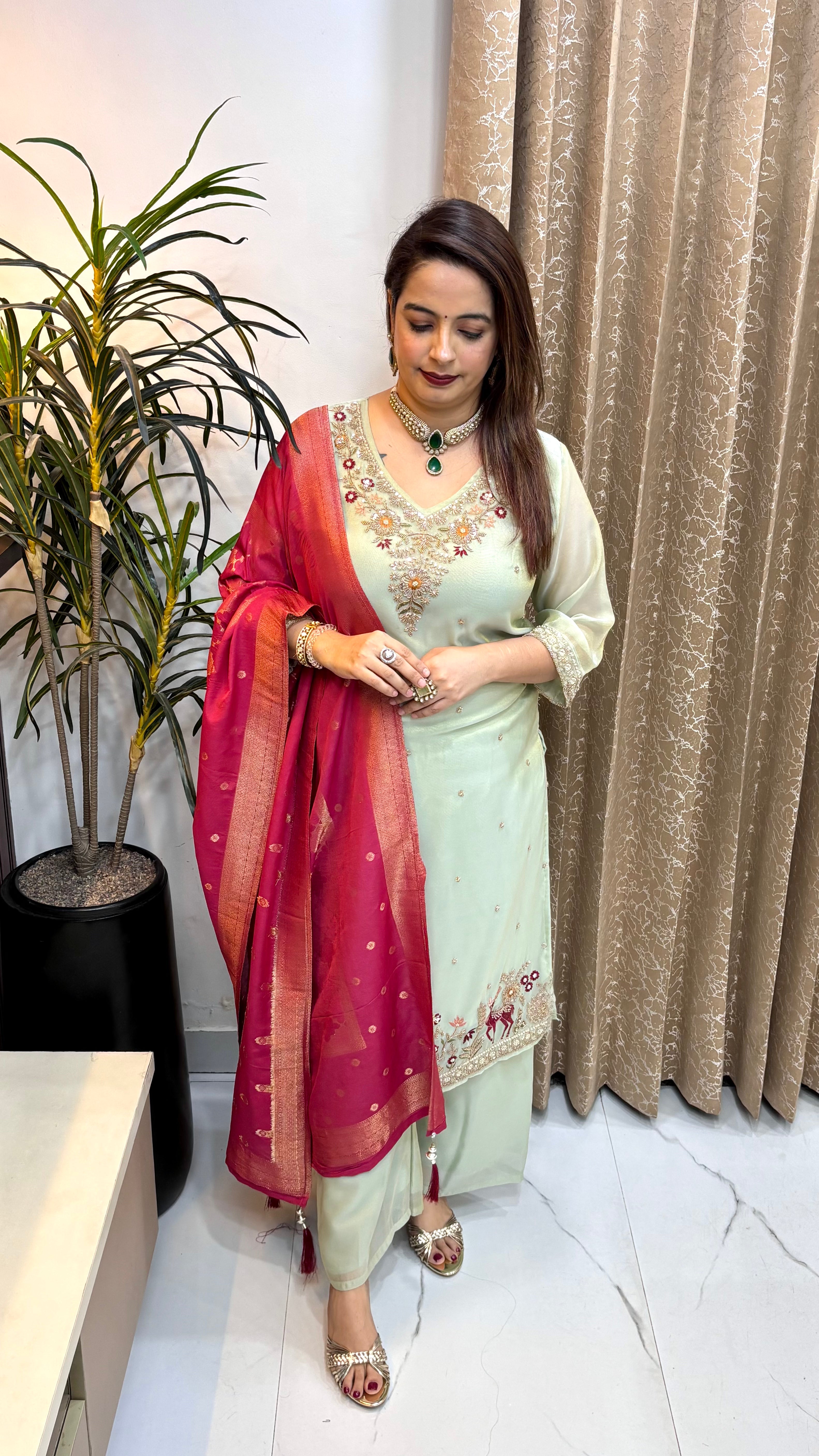 Organza Shimmer 3-Piece Suit Set with Cut-Dana Work & Pure Banarasi Dupatta