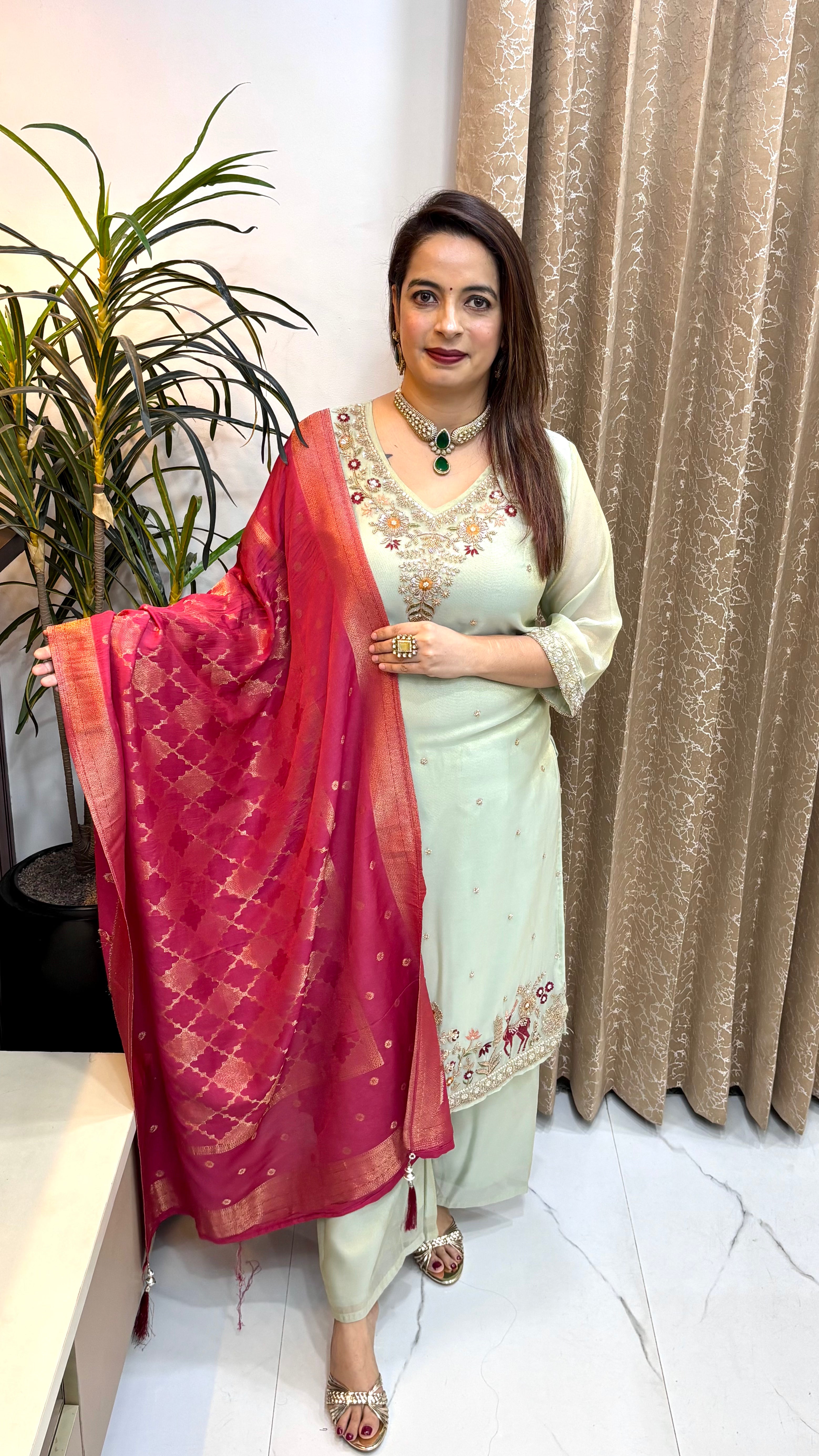 Organza Shimmer 3-Piece Suit Set with Cut-Dana Work & Pure Banarasi Dupatta