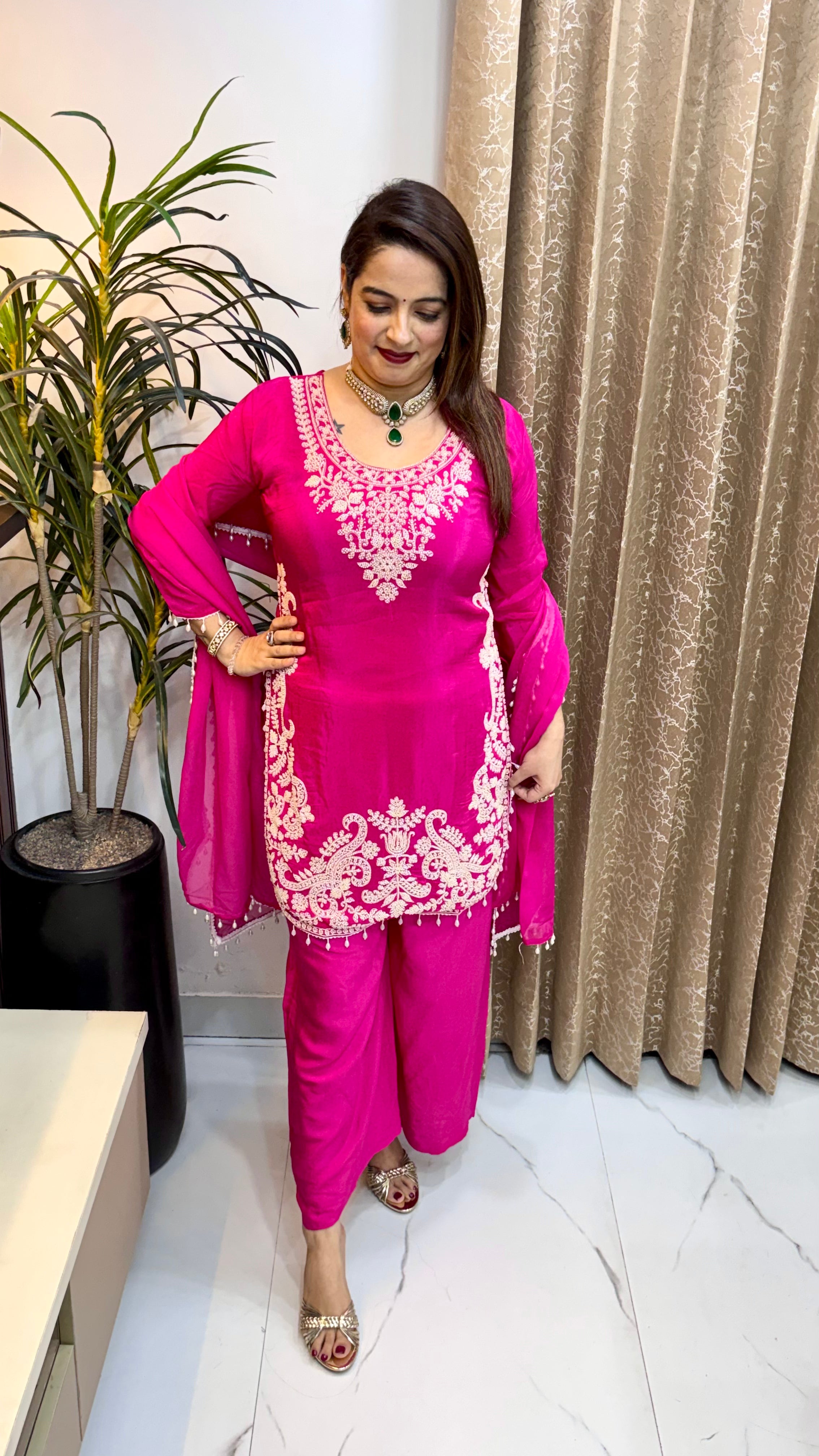 Pure Silk 3-Piece Suit Set with Round Hemline, Fine Embroidery & Organza Dupatta