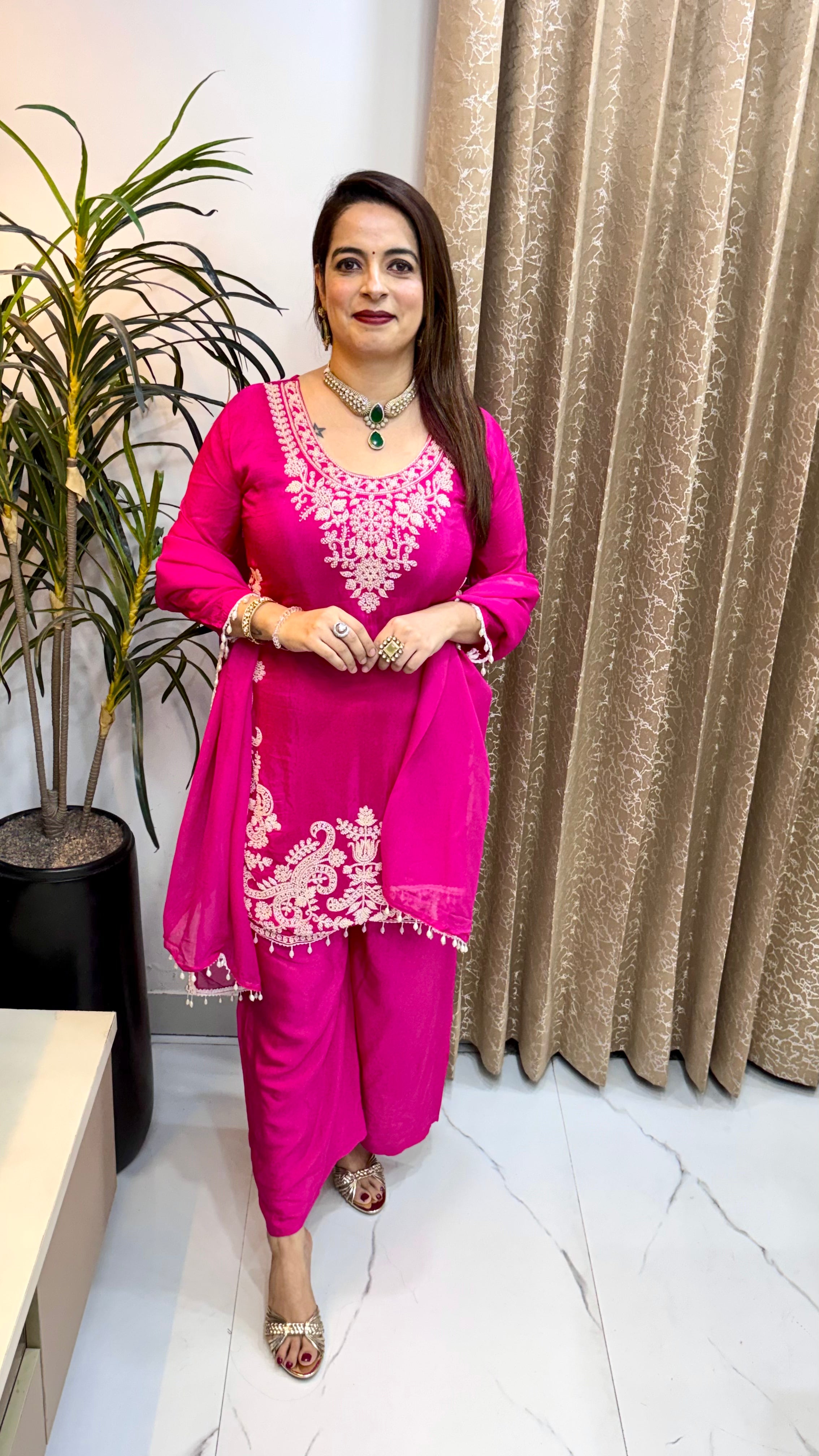 Pure Silk 3-Piece Suit Set with Round Hemline, Fine Embroidery & Organza Dupatta