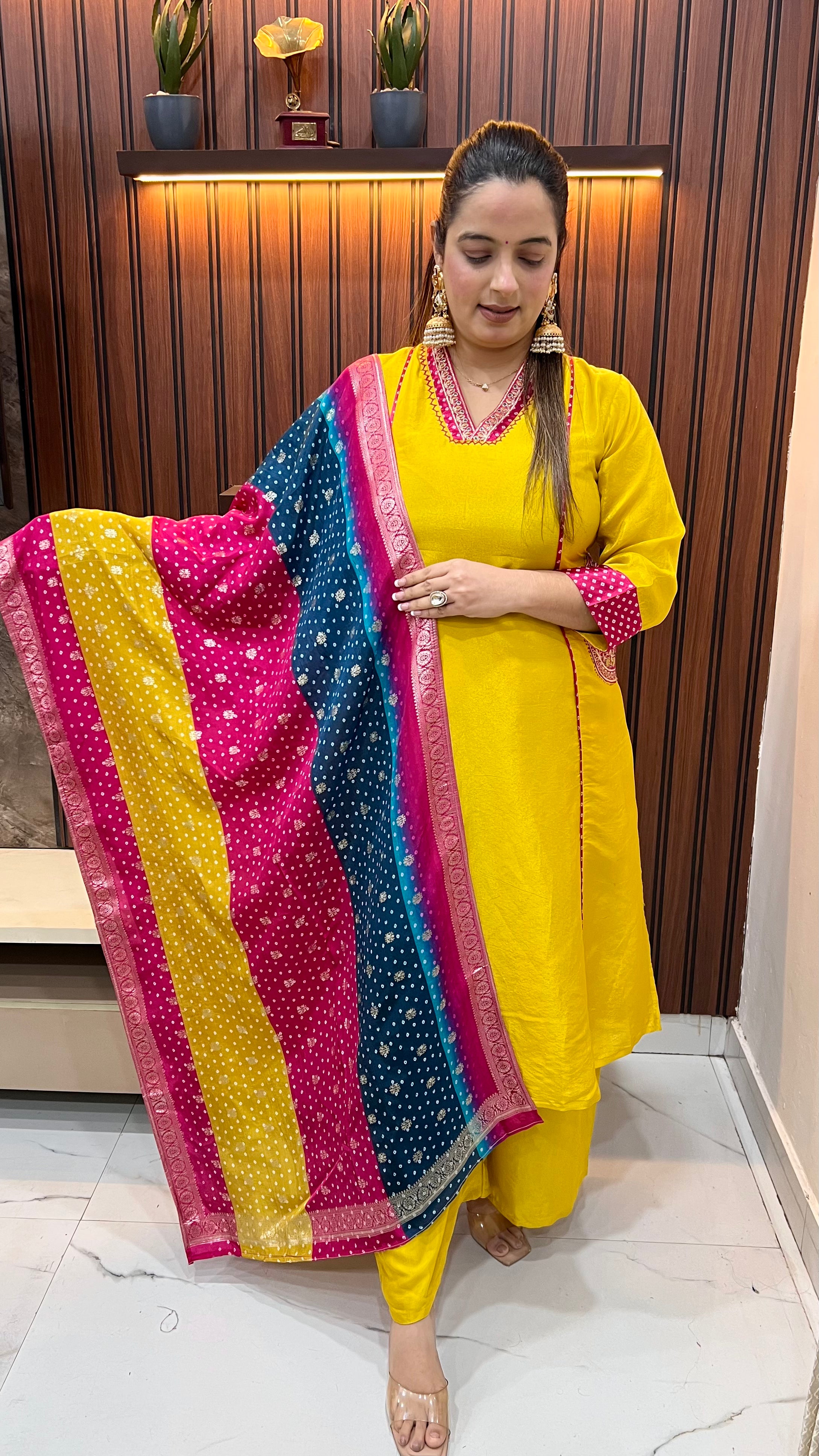 Paper Silk Suit — Princess Cut with Bandhani Dupatta & Palazzo (Model Wearing Size : 2XL)