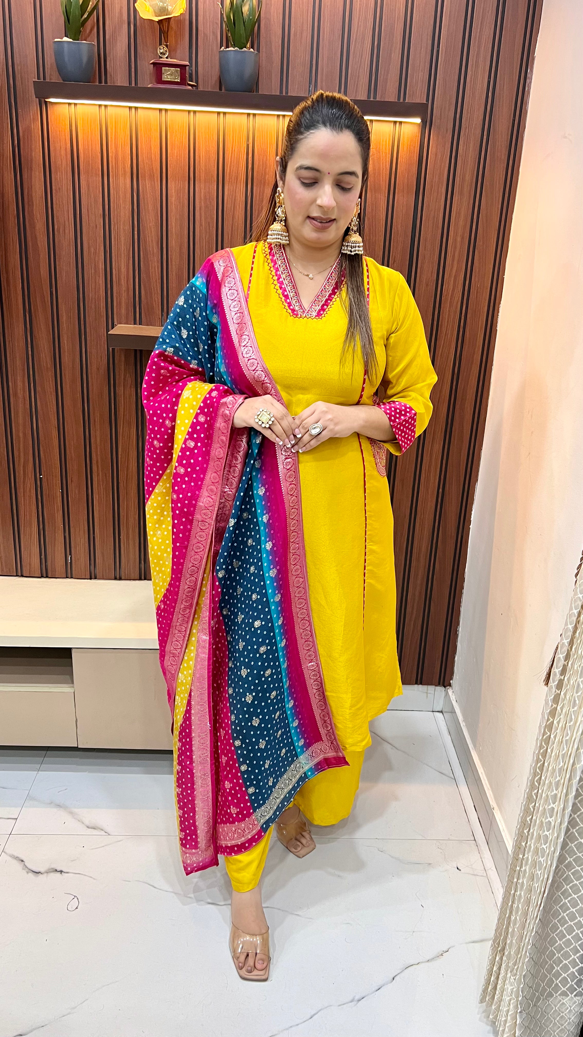 Paper Silk Suit — Princess Cut with Bandhani Dupatta & Palazzo (Model Wearing Size : 2XL)