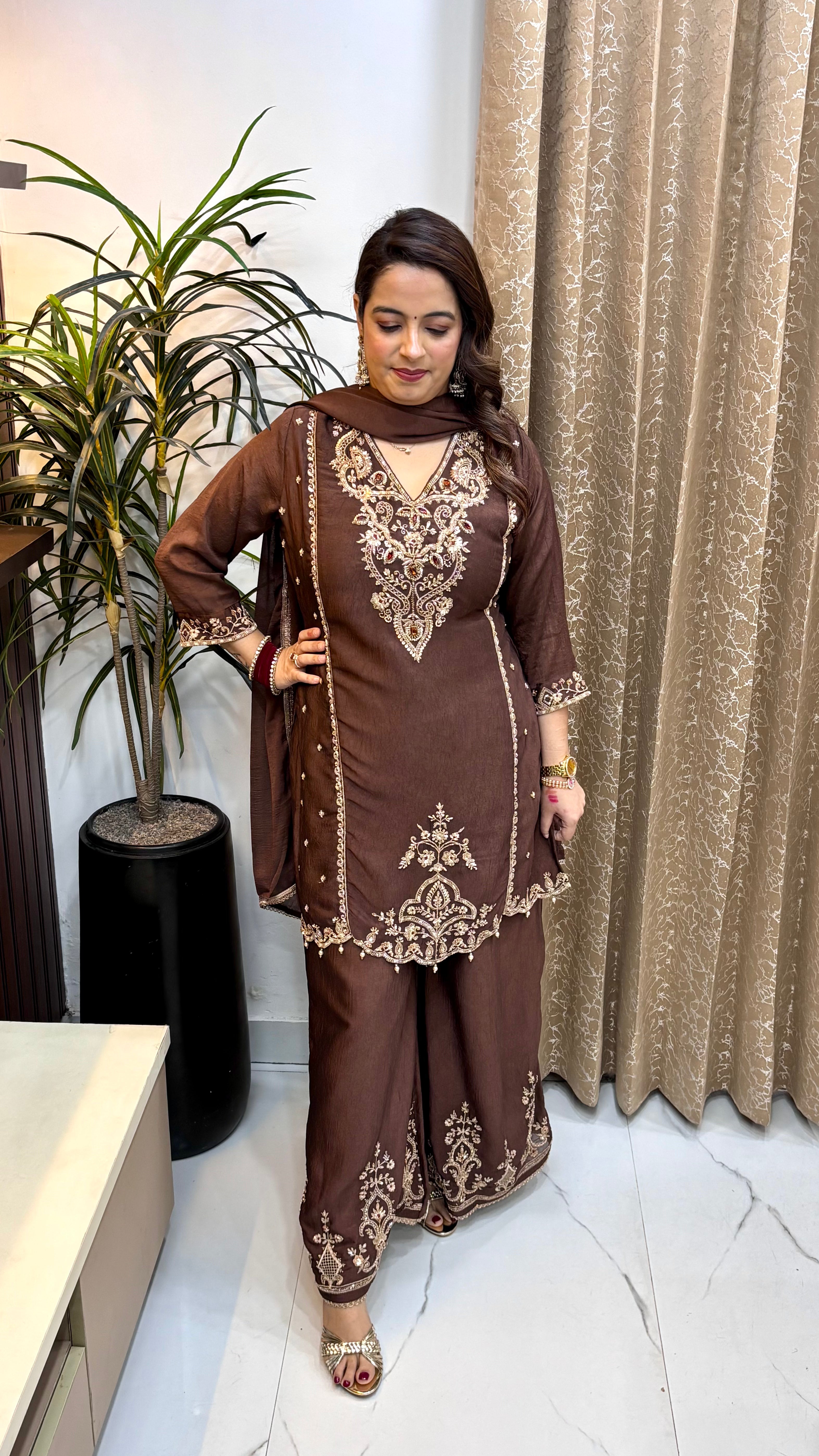 Pure Paper Silk 3-Piece Suit Set with Divider, Korean Crystal Work & Gotta Dupatta