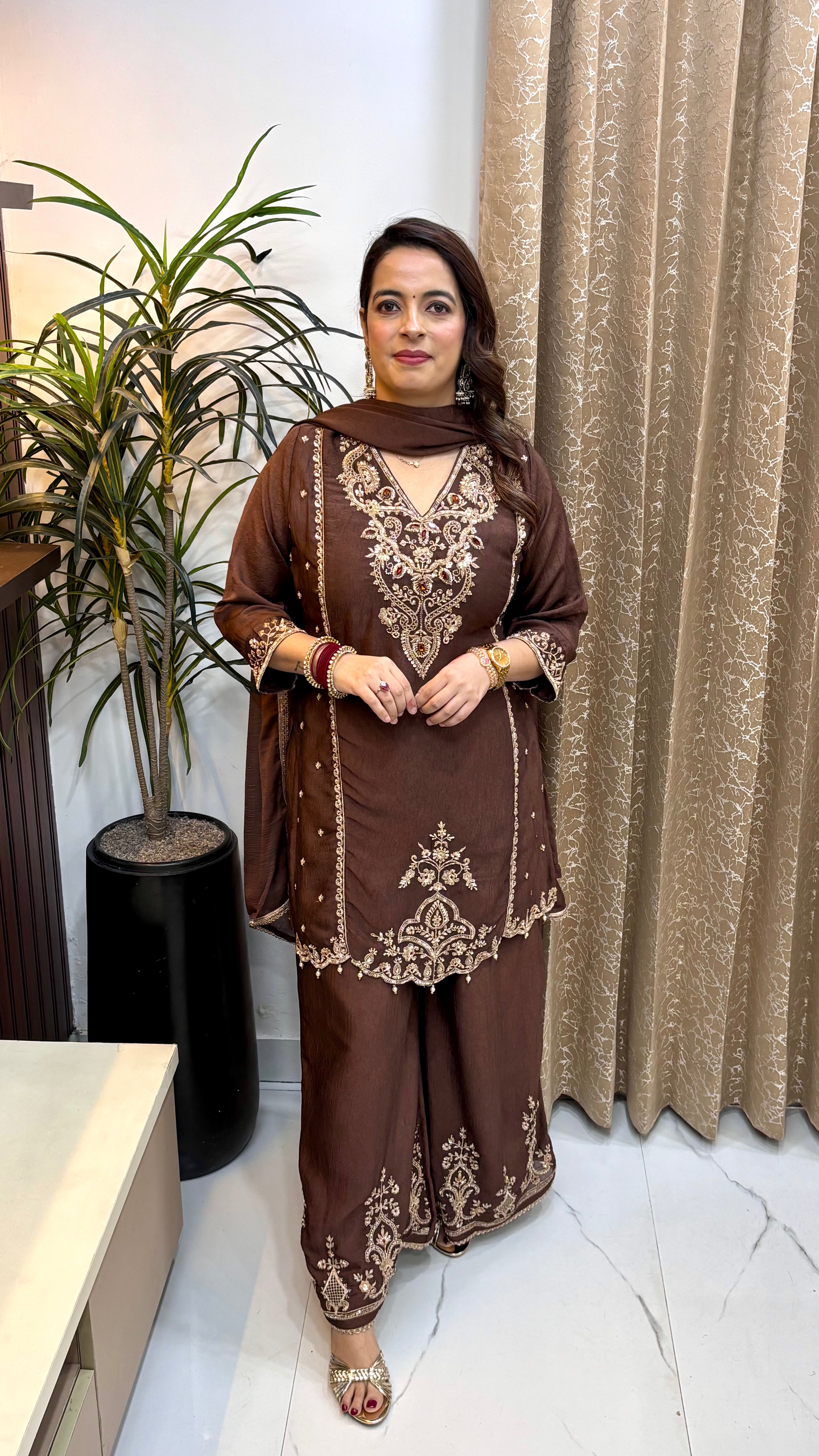 Pure Paper Silk 3-Piece Suit Set with Divider, Korean Crystal Work & Gotta Dupatta
