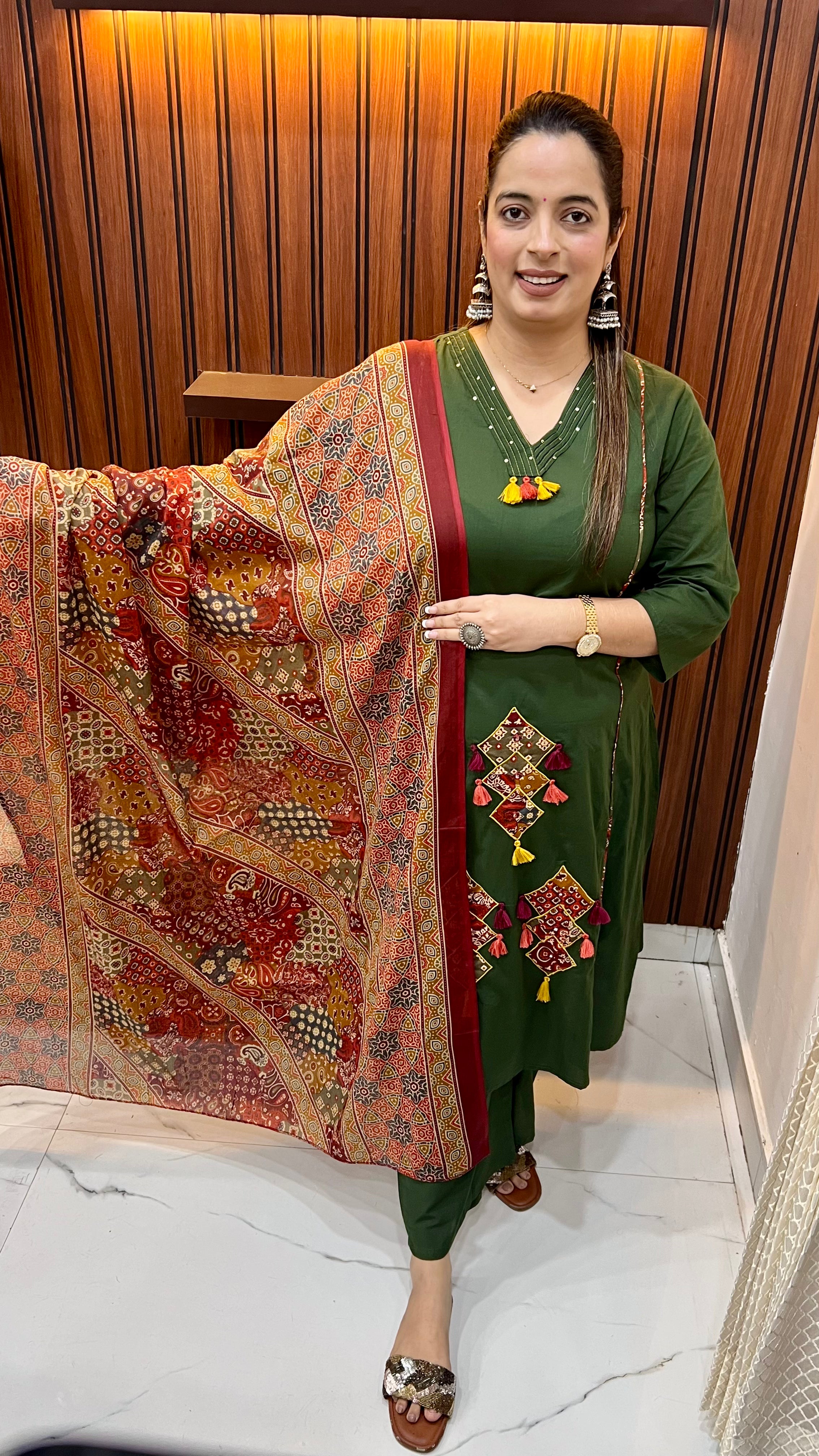 Pure Cotton Princess Cut Suit — Appliqué & Sequin Work with Kalamkari Accents