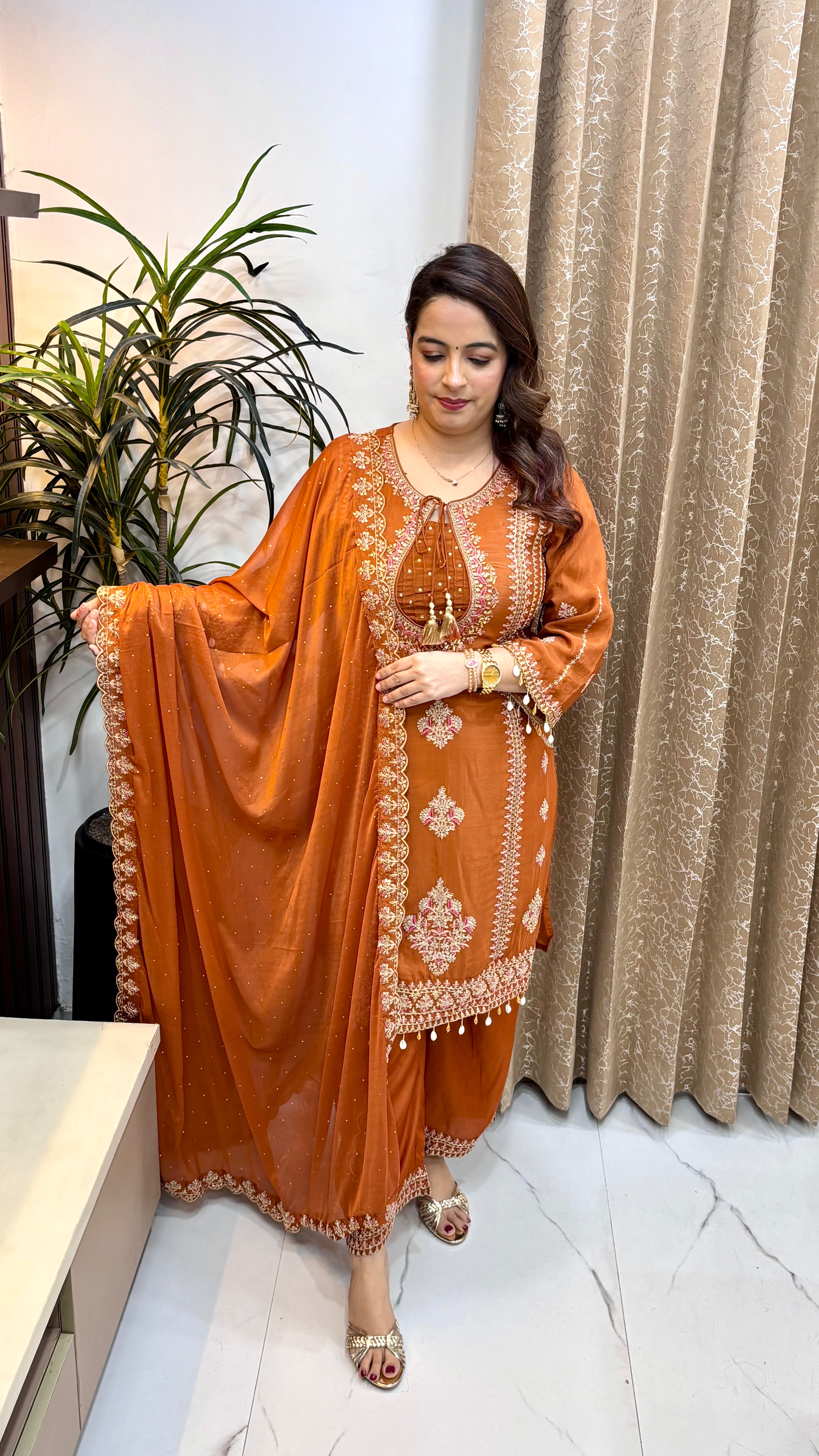 Pure Chinon 3-Piece Suit Set with Matka Neckline, Block Print Dupatta & Cut-Work
