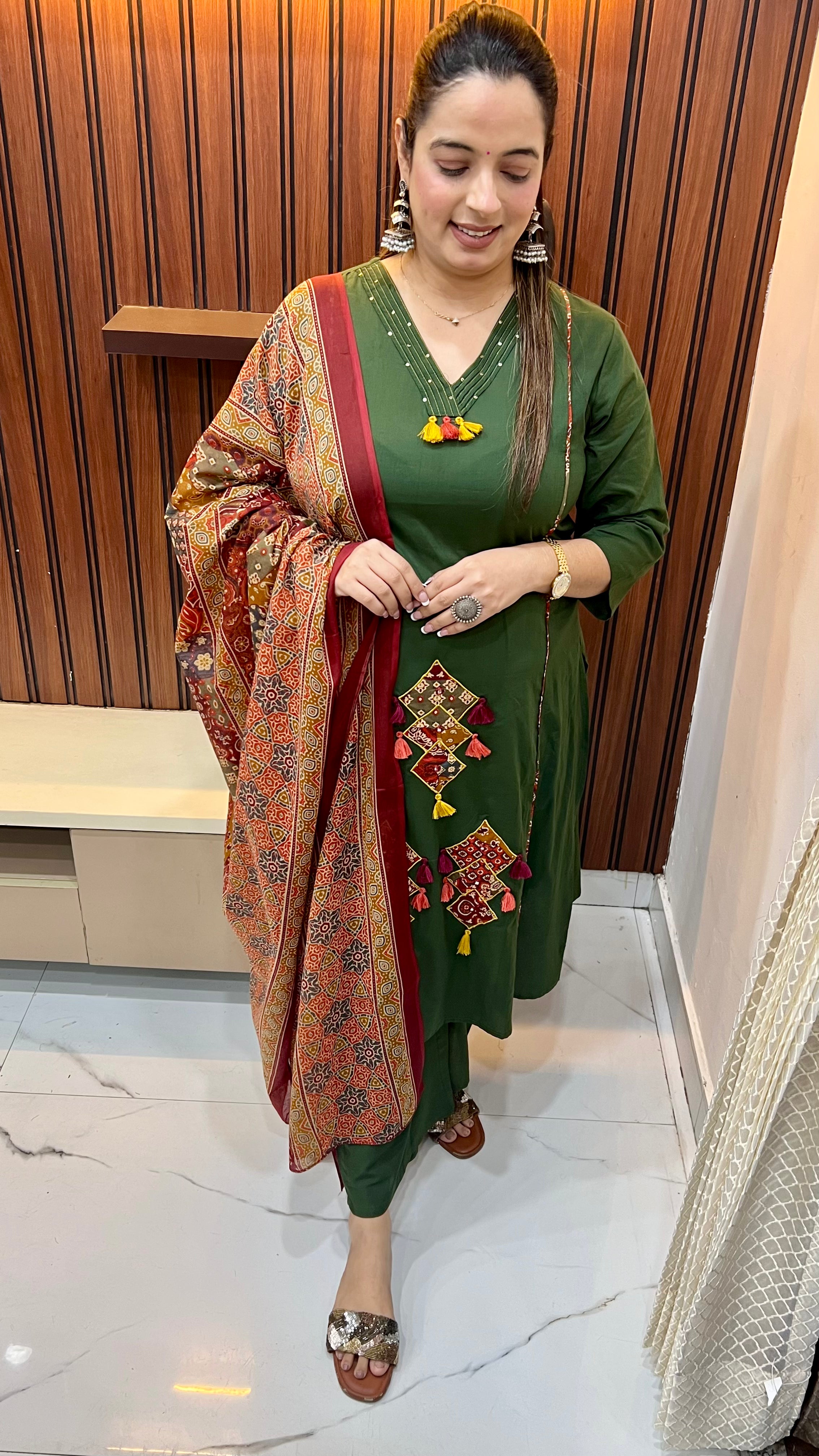 Pure Cotton Princess Cut Suit — Appliqué & Sequin Work with Kalamkari Accents