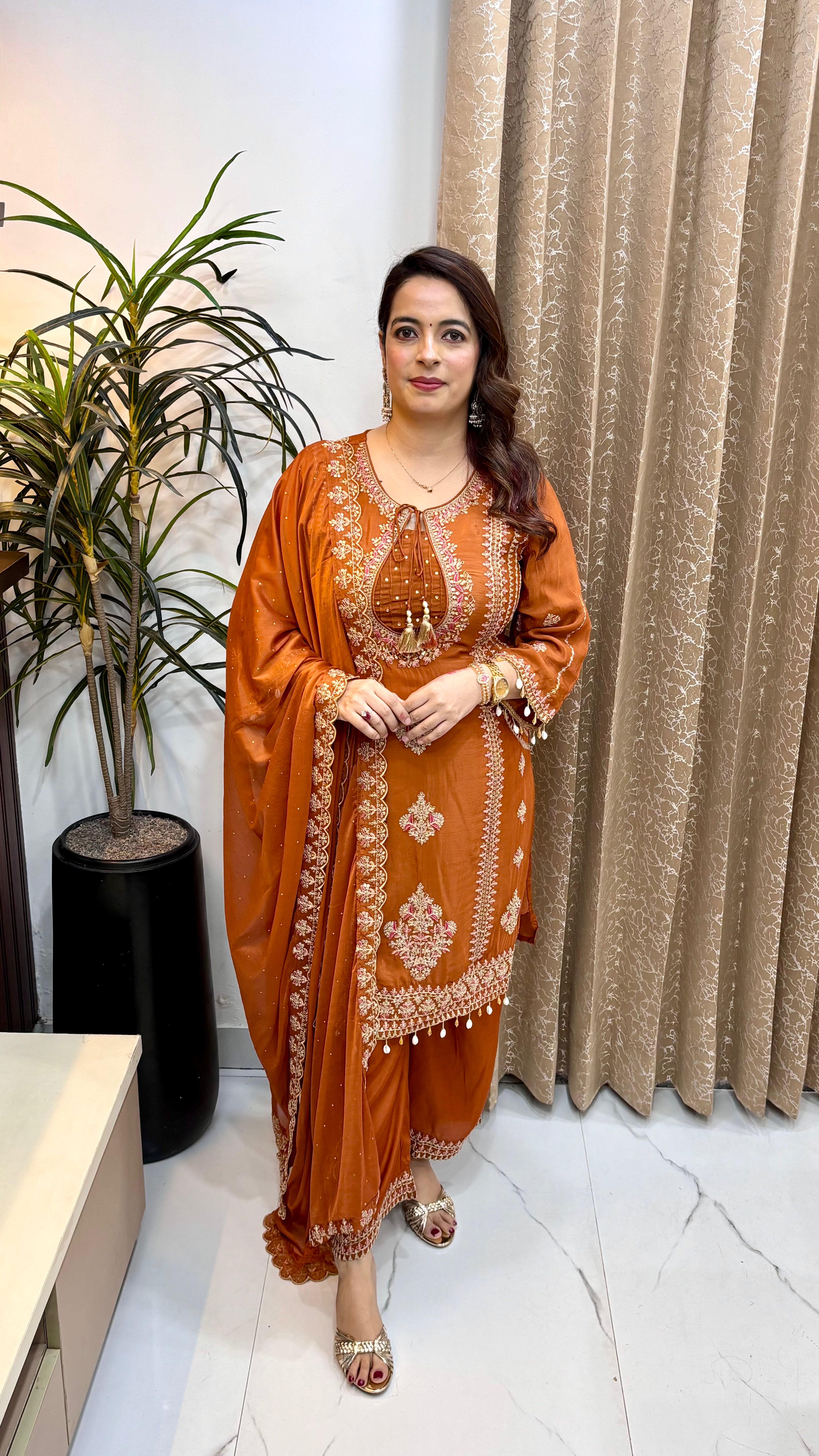 Pure Chinon 3-Piece Suit Set with Matka Neckline, Block Print Dupatta & Cut-Work