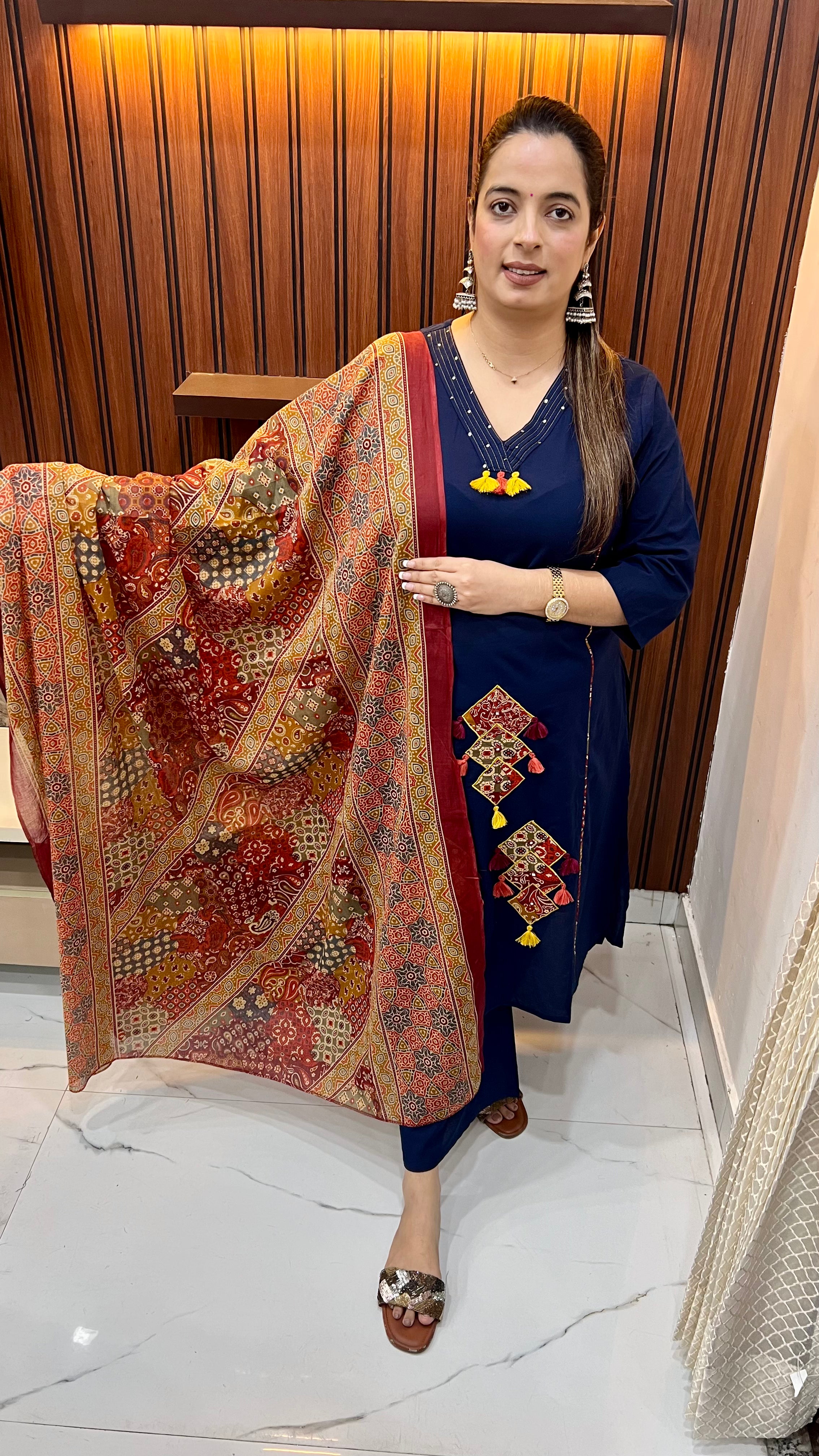 Pure Cotton Princess Cut Suit — Appliqué & Sequin Work with Kalamkari Accents