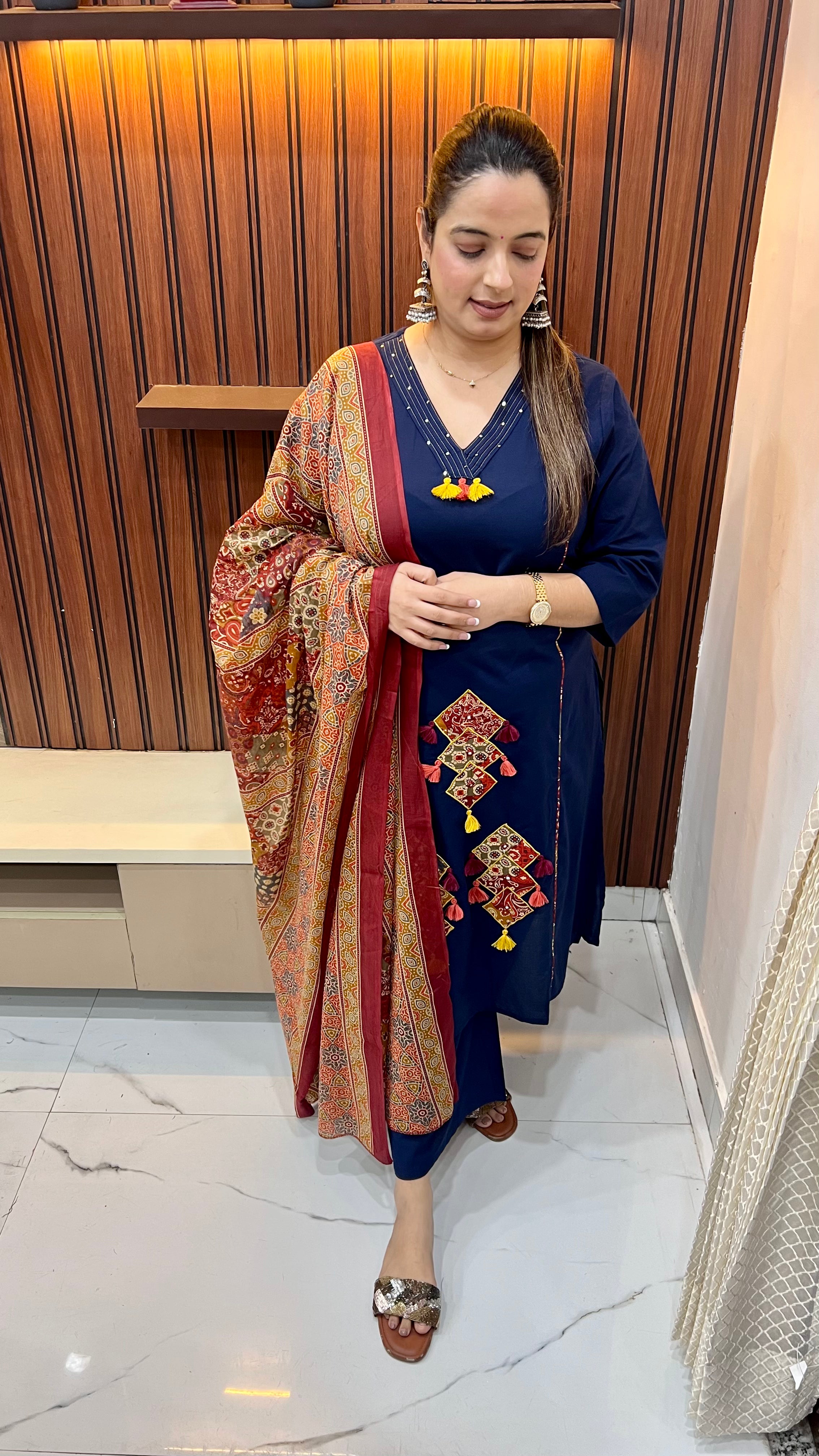 Pure Cotton Princess Cut Suit — Appliqué & Sequin Work with Kalamkari Accents