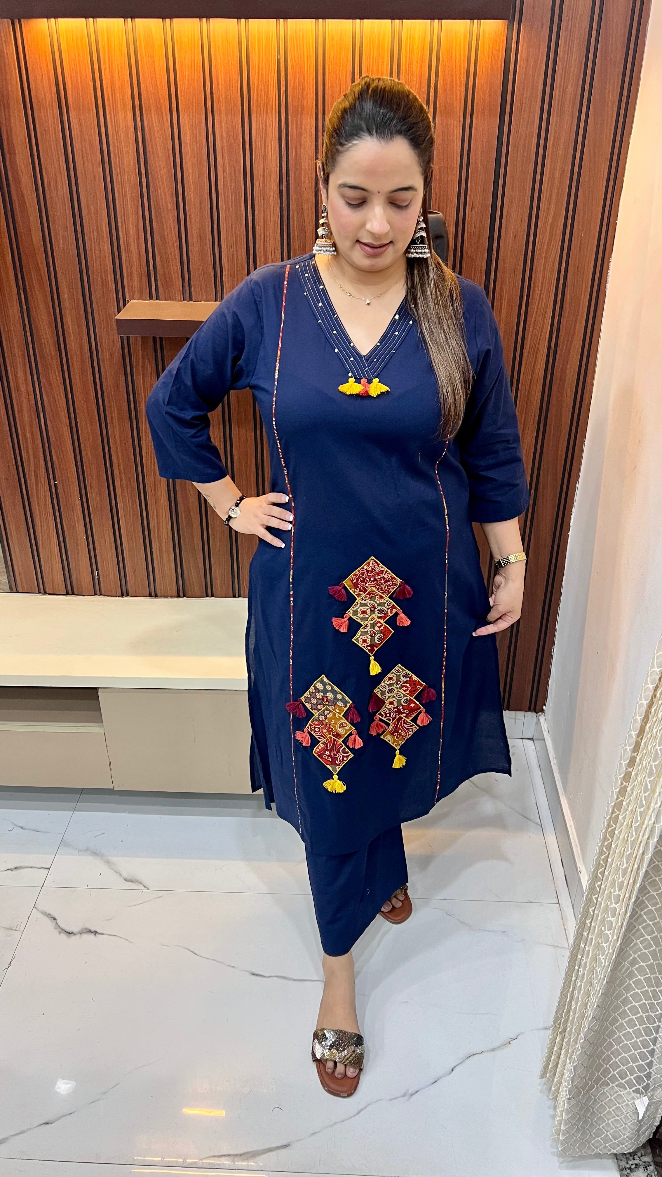 Pure Cotton Princess Cut Suit — Appliqué & Sequin Work with Kalamkari Accents