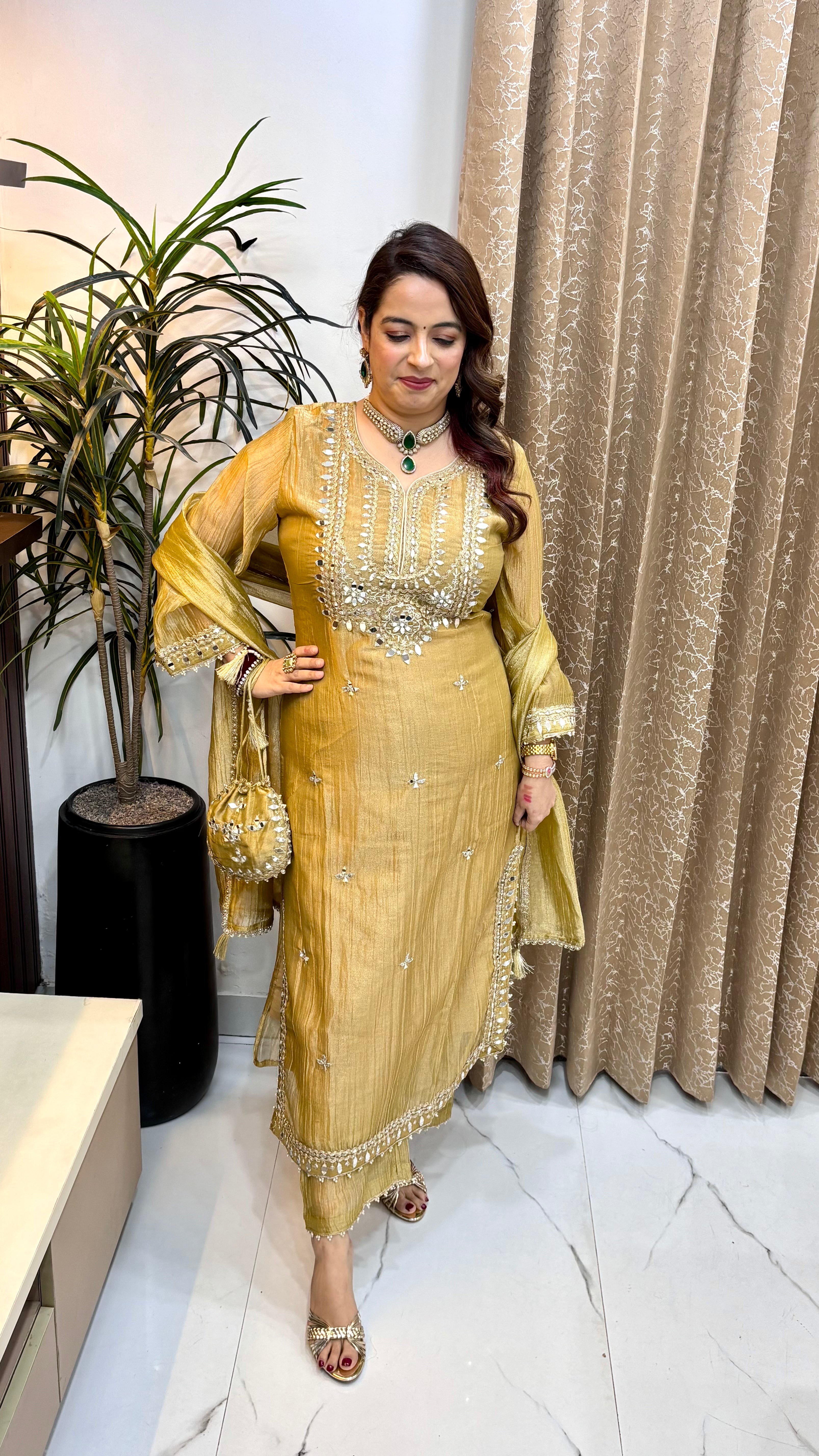 Re-Stocked : The Organza Shimmer Crushed Suit with Designer Potli