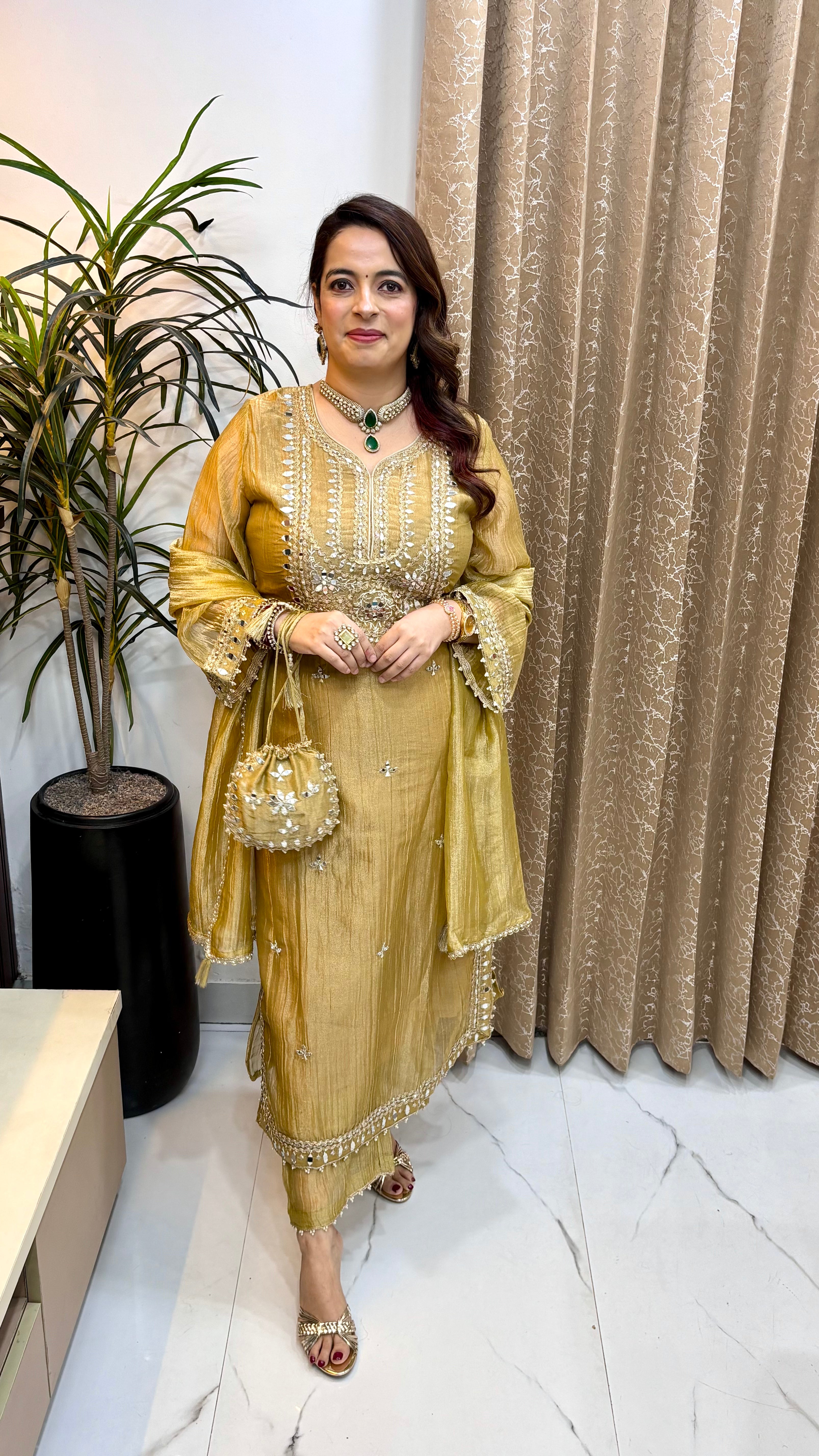 Re-Stocked : The Organza Shimmer Crushed Suit with Designer Potli