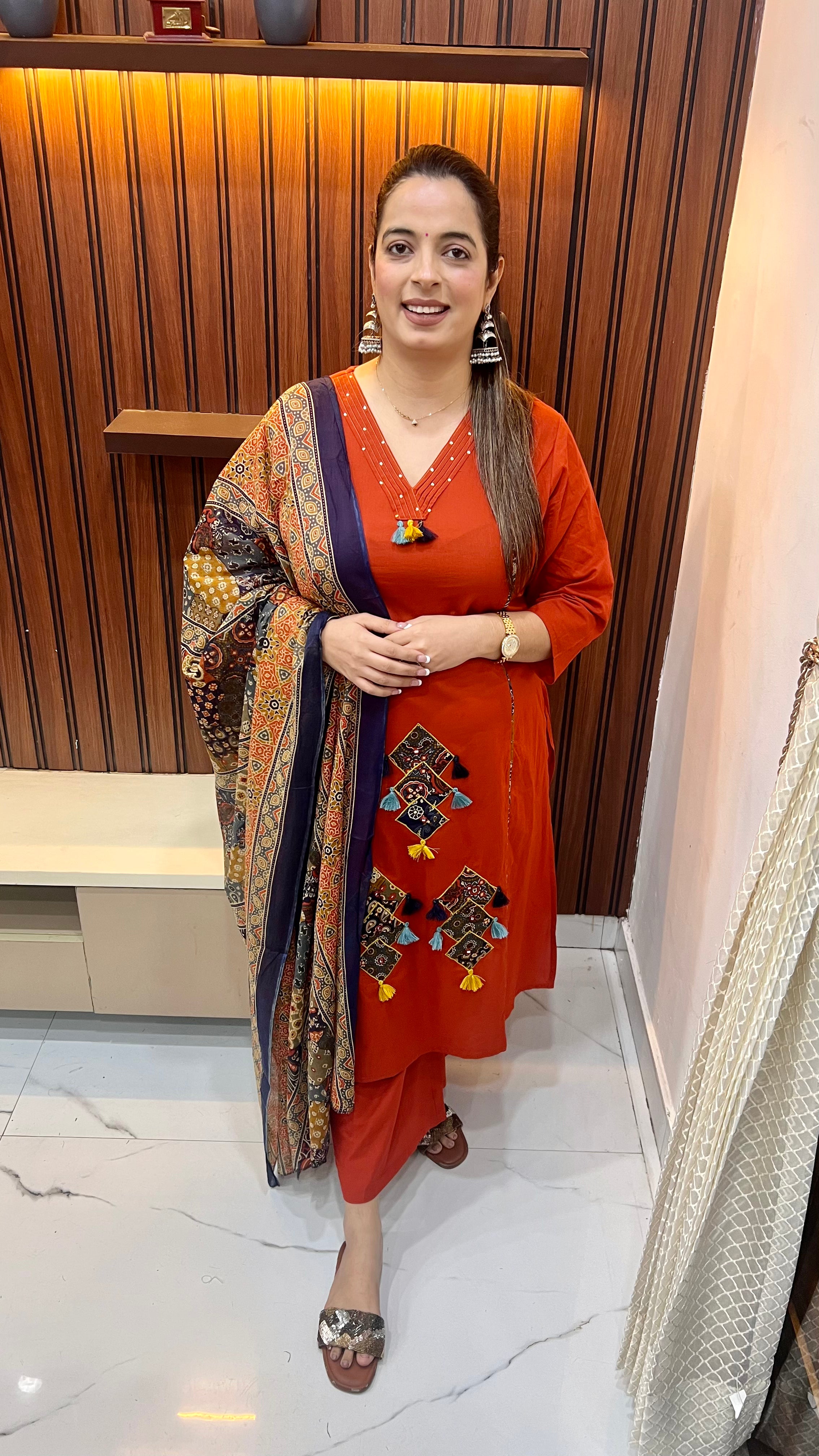 Pure Cotton Princess Cut Suit — Appliqué & Sequin Work with Kalamkari Accents