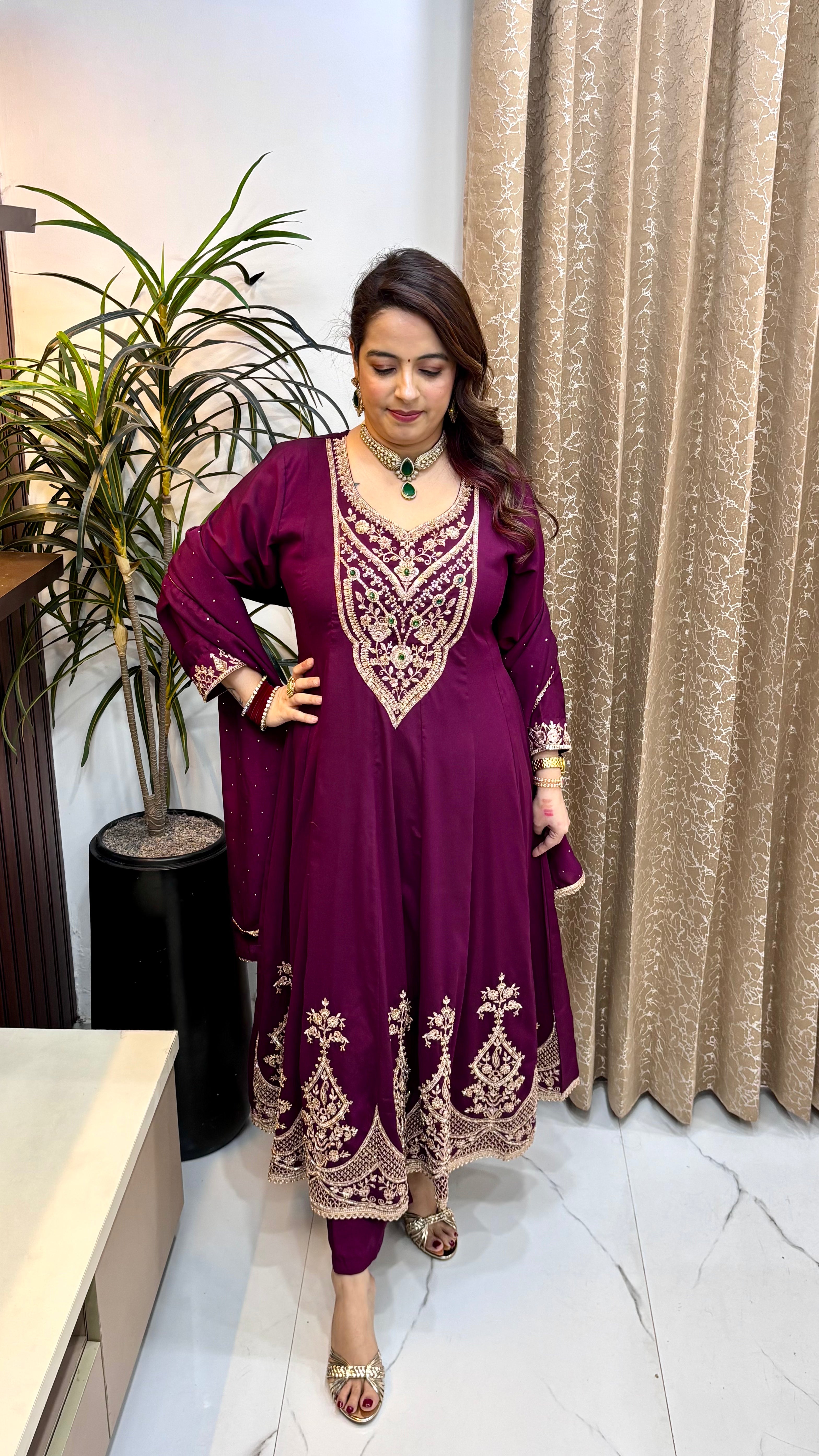 Pure Paper Silk Anarkali Suit Set with Korean Crystal Work & Heavy Embroidery