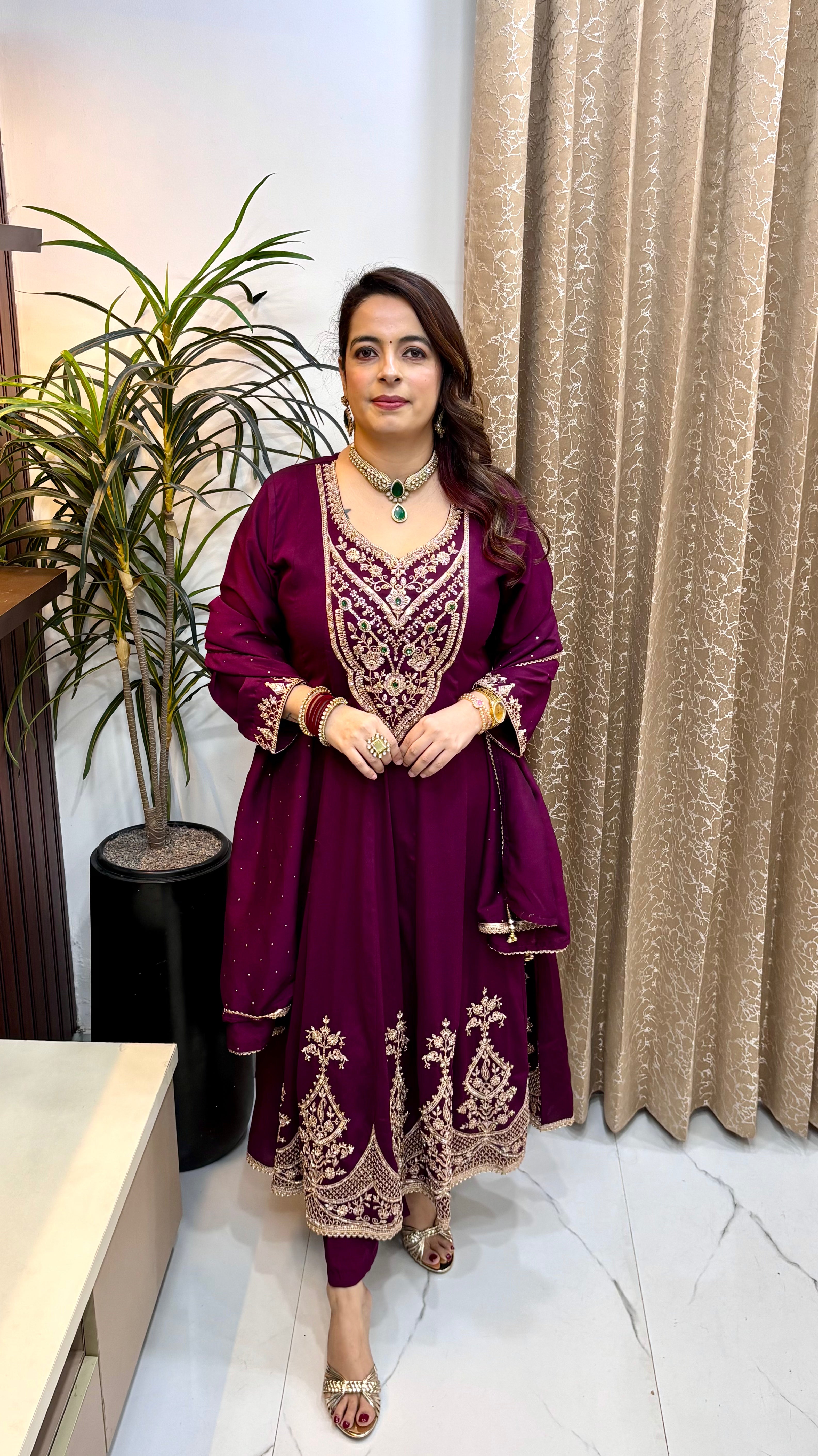 Pure Paper Silk Anarkali Suit Set with Korean Crystal Work & Heavy Embroidery