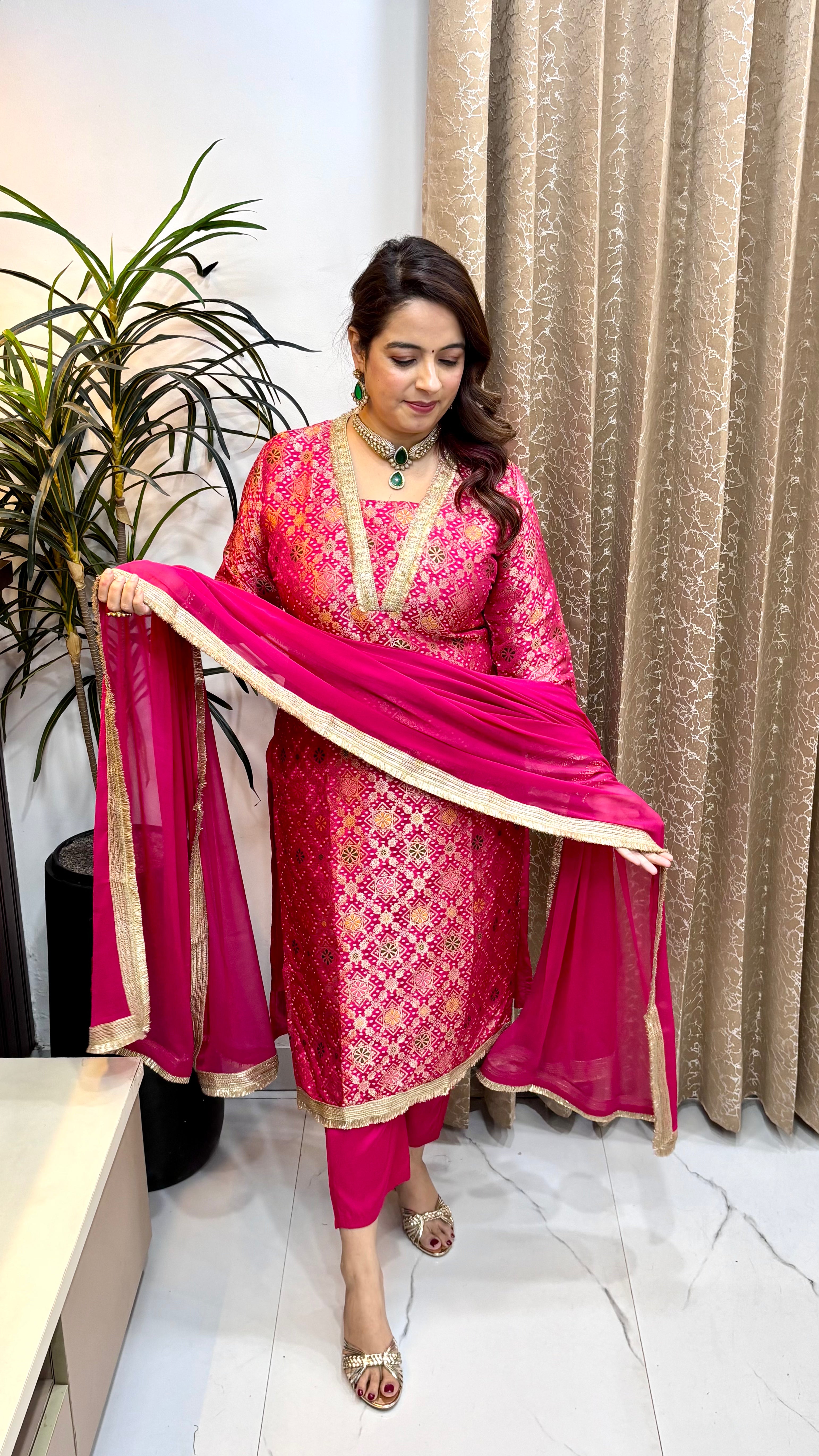 Pure Banarasi Silk Suit Set with Gotta Kinari Detailing & Chiffon Dupatta