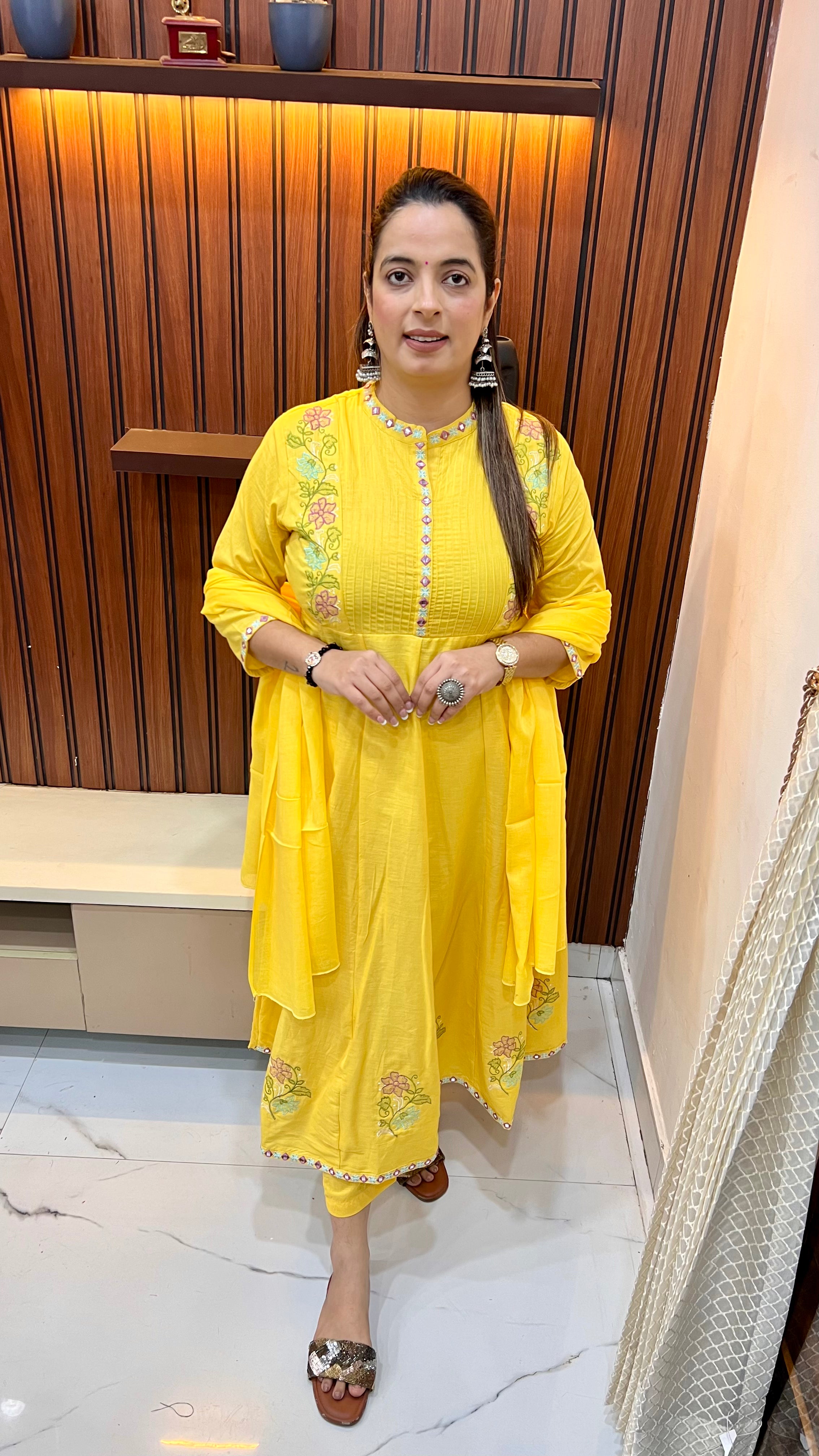 Pure Cotton Anarkali — Thread Embroidery with Pintex Neck Design & Mul Cotton Dupatta