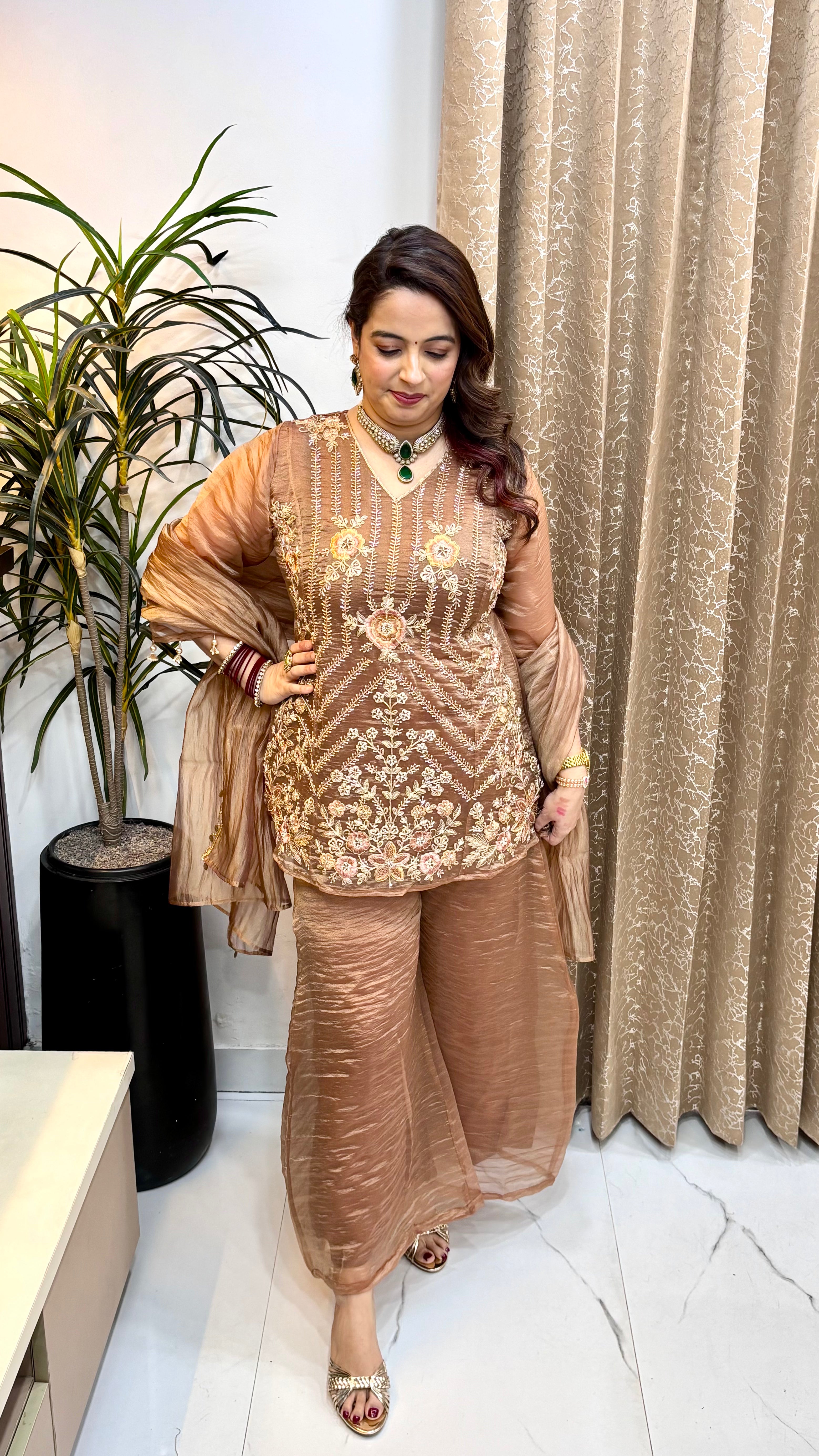 Organza Shimmer 3-Piece Suit Set with Heavy Hand Embroidery, Crushed Divider & Ginni Hangings