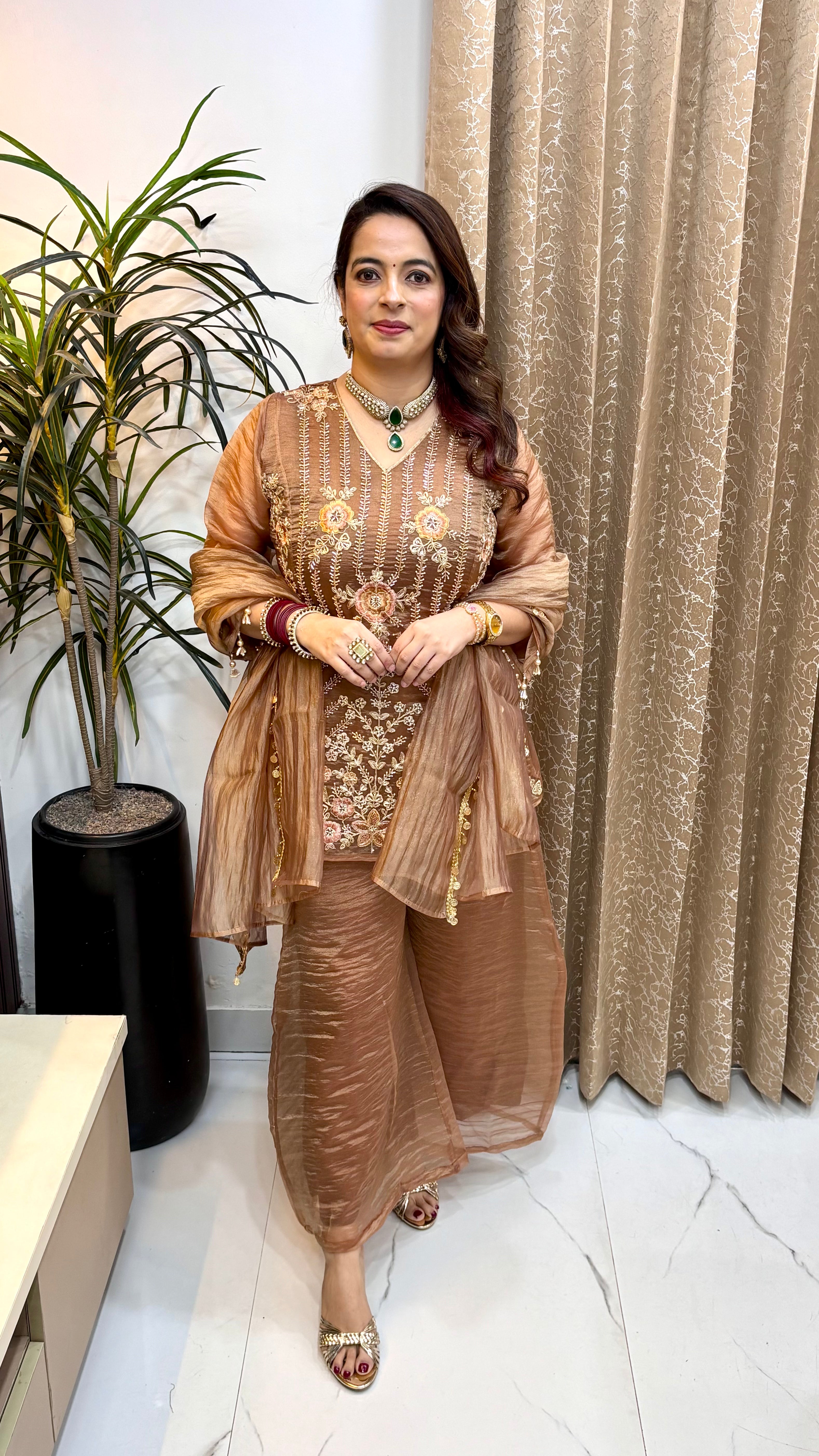 Organza Shimmer 3-Piece Suit Set with Heavy Hand Embroidery, Crushed Divider & Ginni Hangings