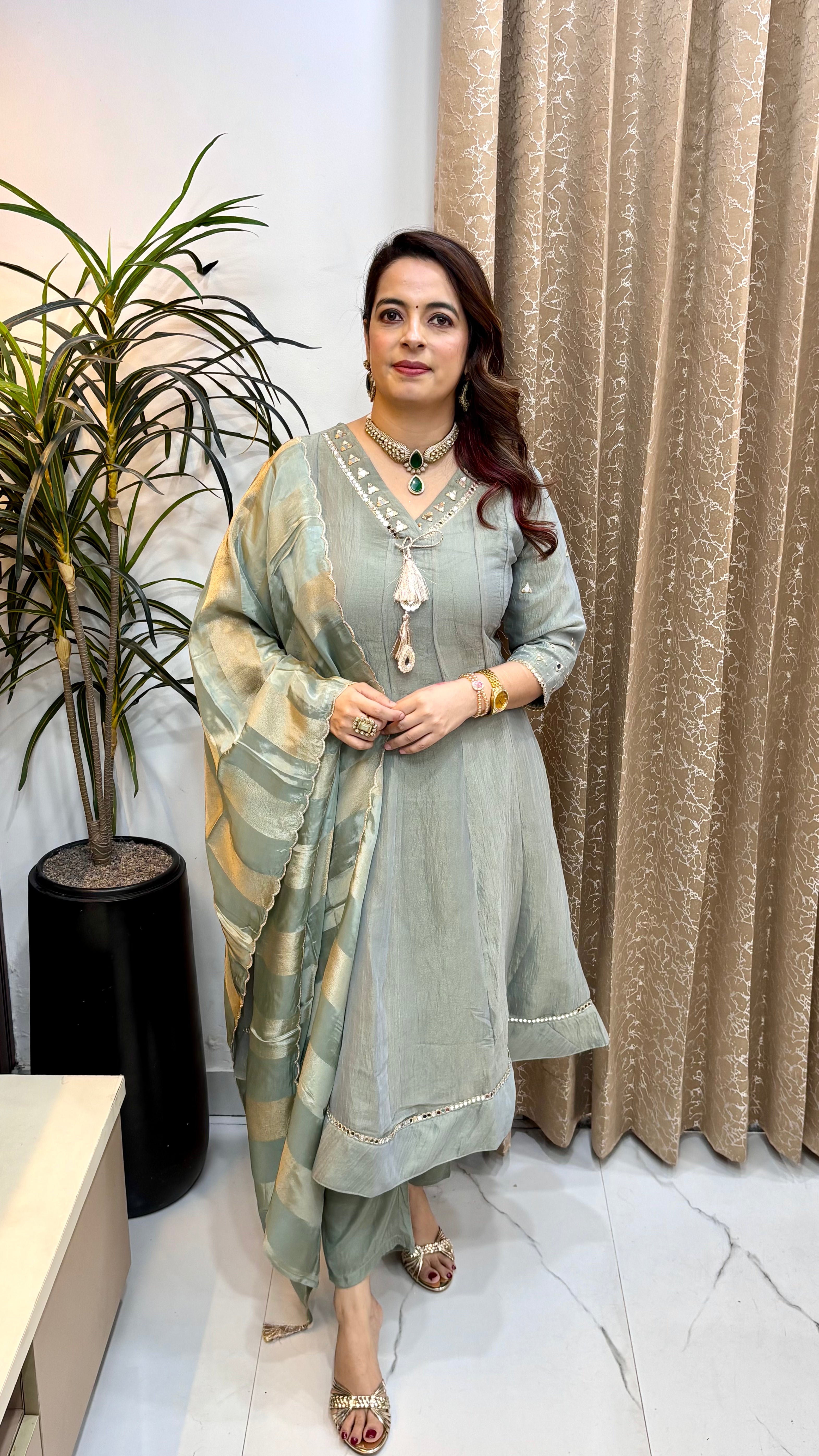 Organza Shimmer Anarkali 3-Piece Suit Set with Real Mirror Work & Lagdi Patta Dupatta