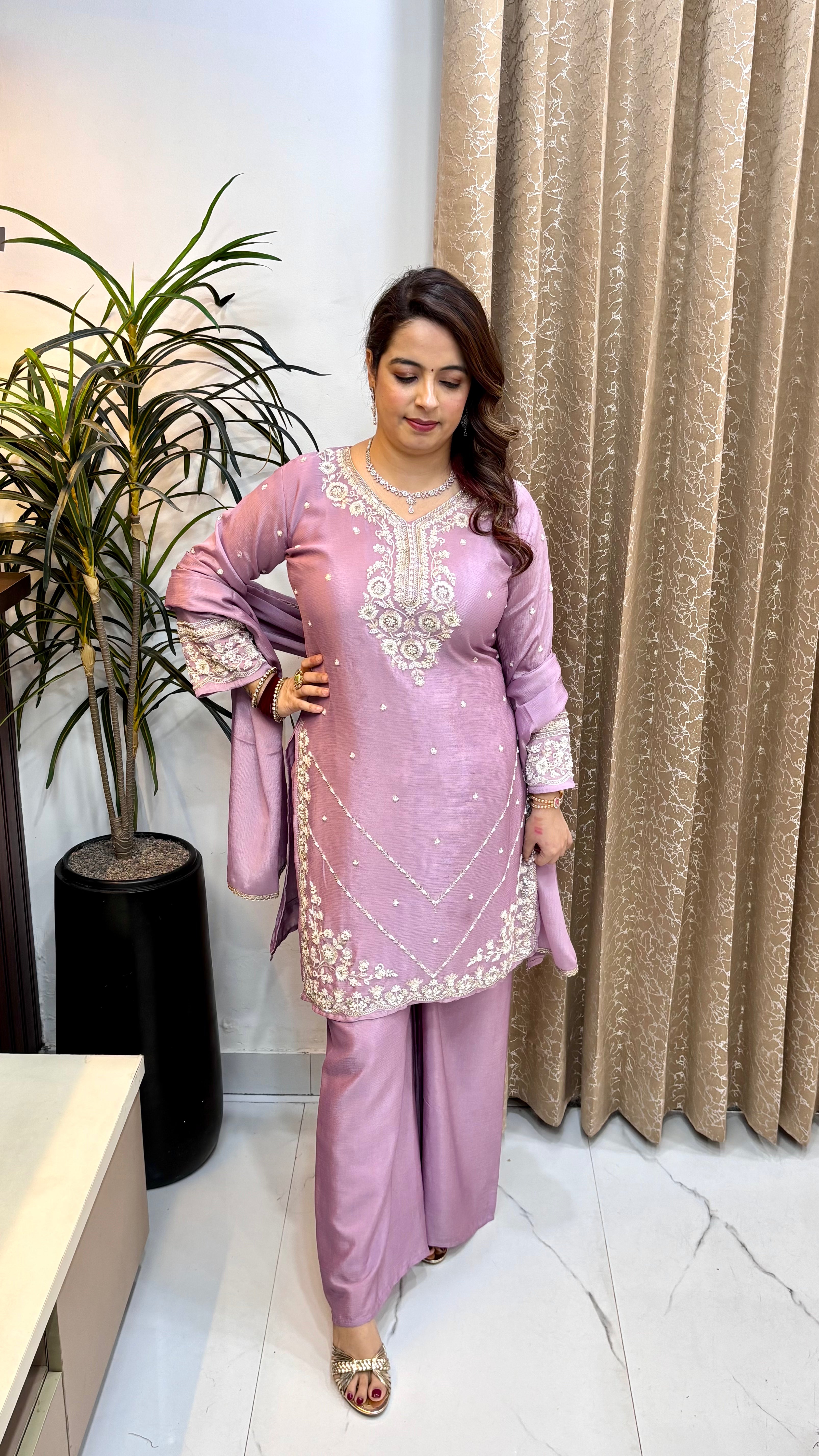Pure Chinon 3-Piece Suit Set with Divider & Heavy Embroidery Work
