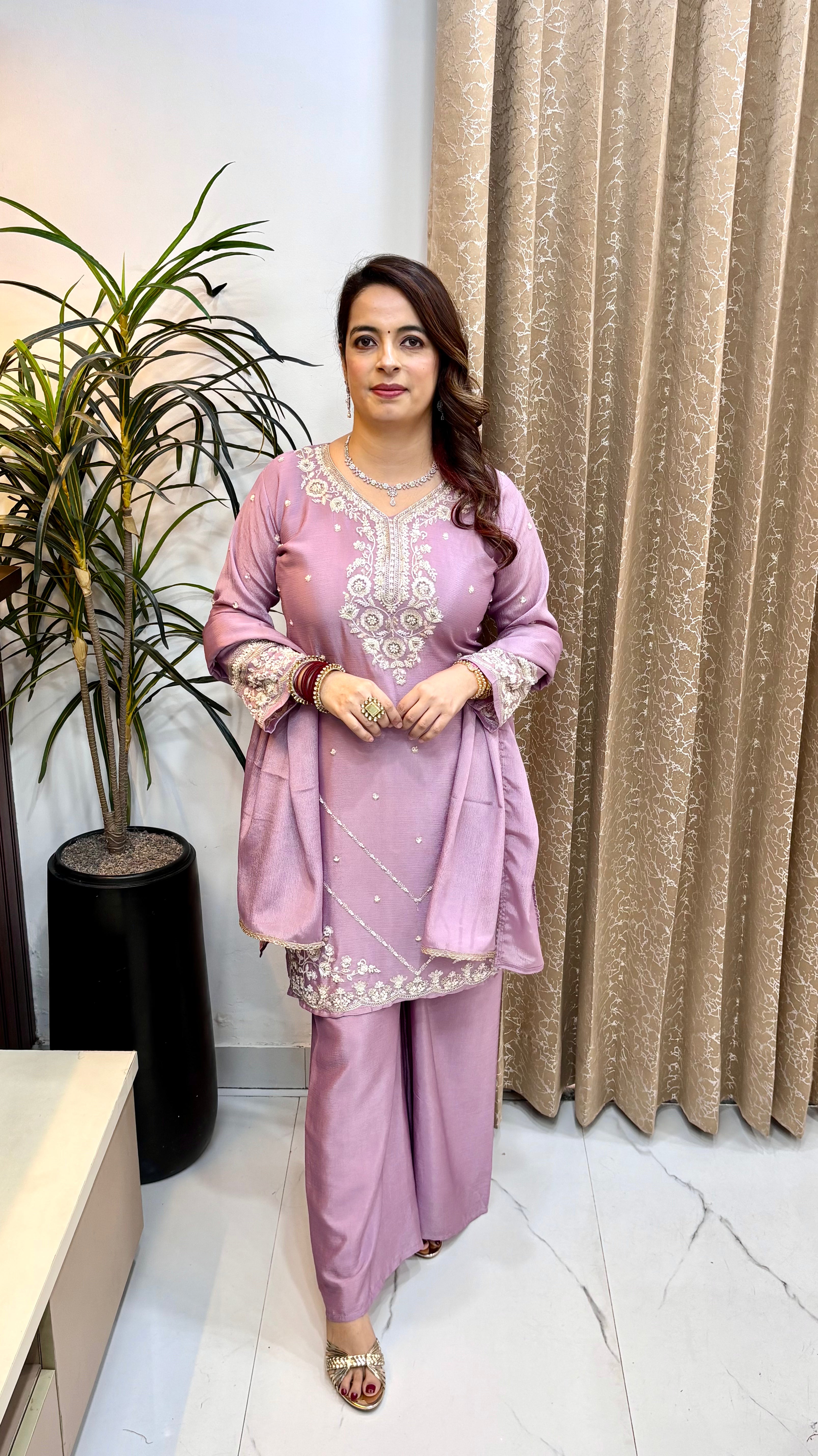 Pure Chinon 3-Piece Suit Set with Divider & Heavy Embroidery Work