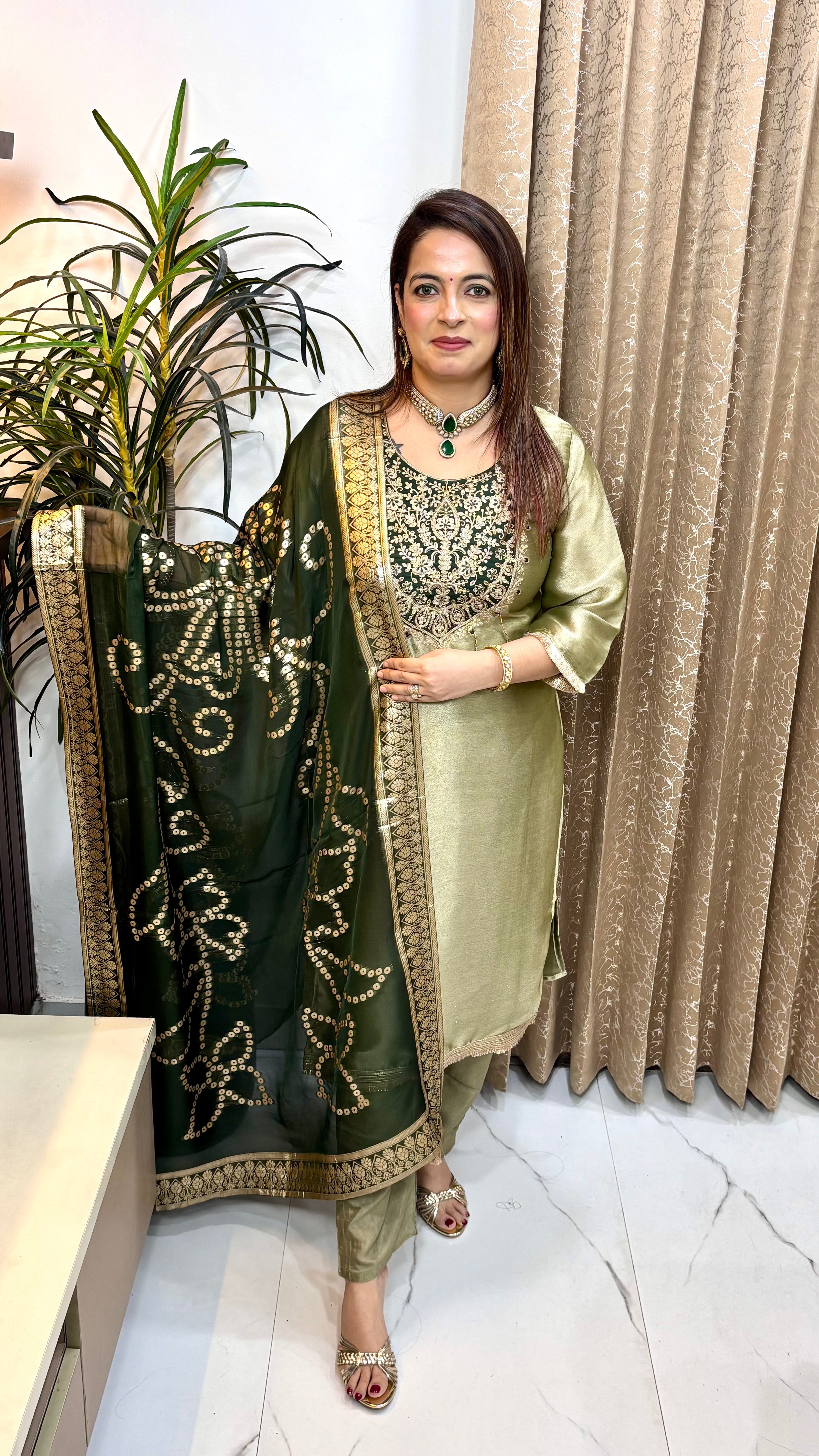 Organza Shimmer 3-Piece Suit Set with Embroidery & Organza Banarasi Dupatta