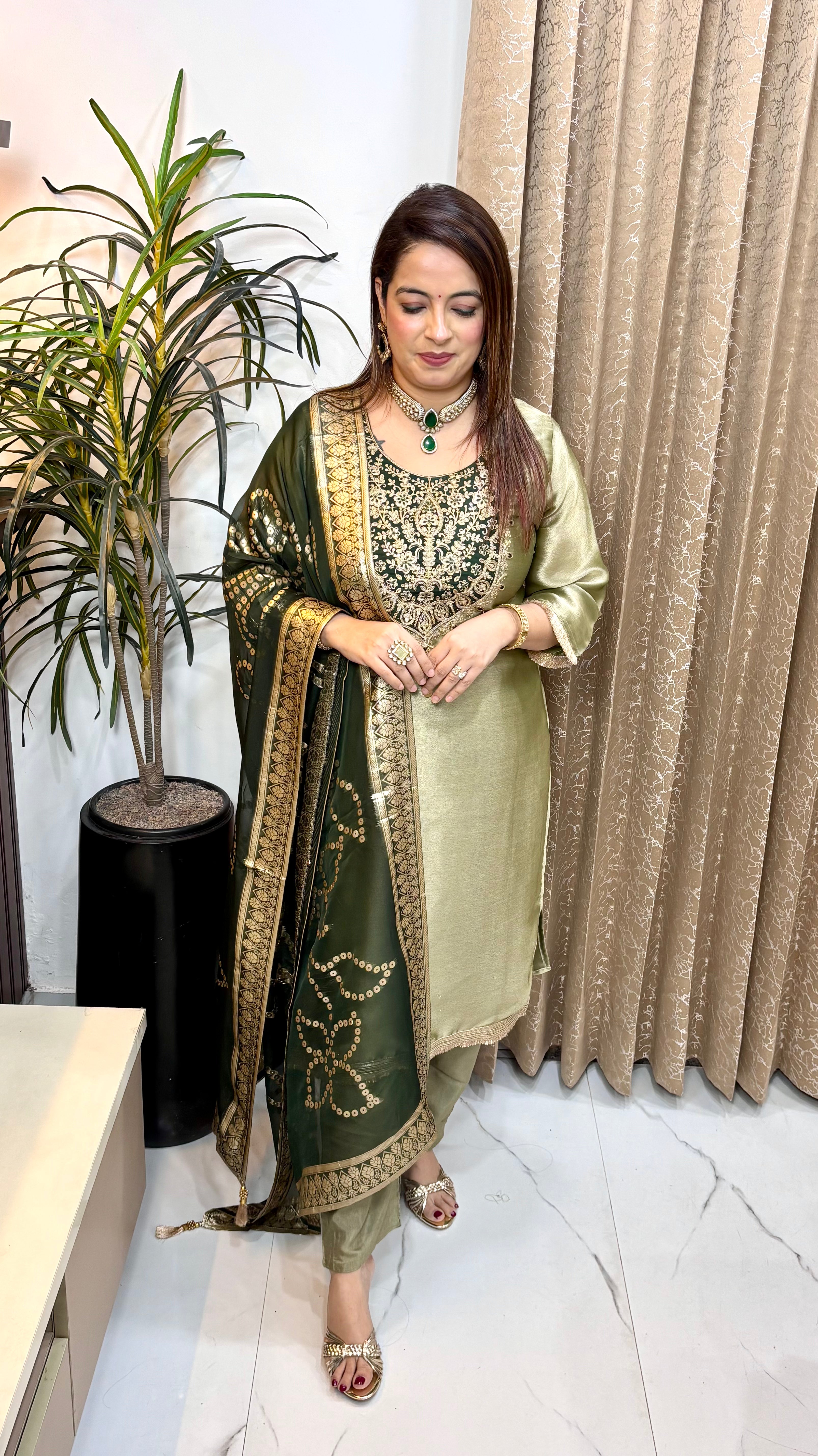 Organza Shimmer 3-Piece Suit Set with Embroidery & Organza Banarasi Dupatta