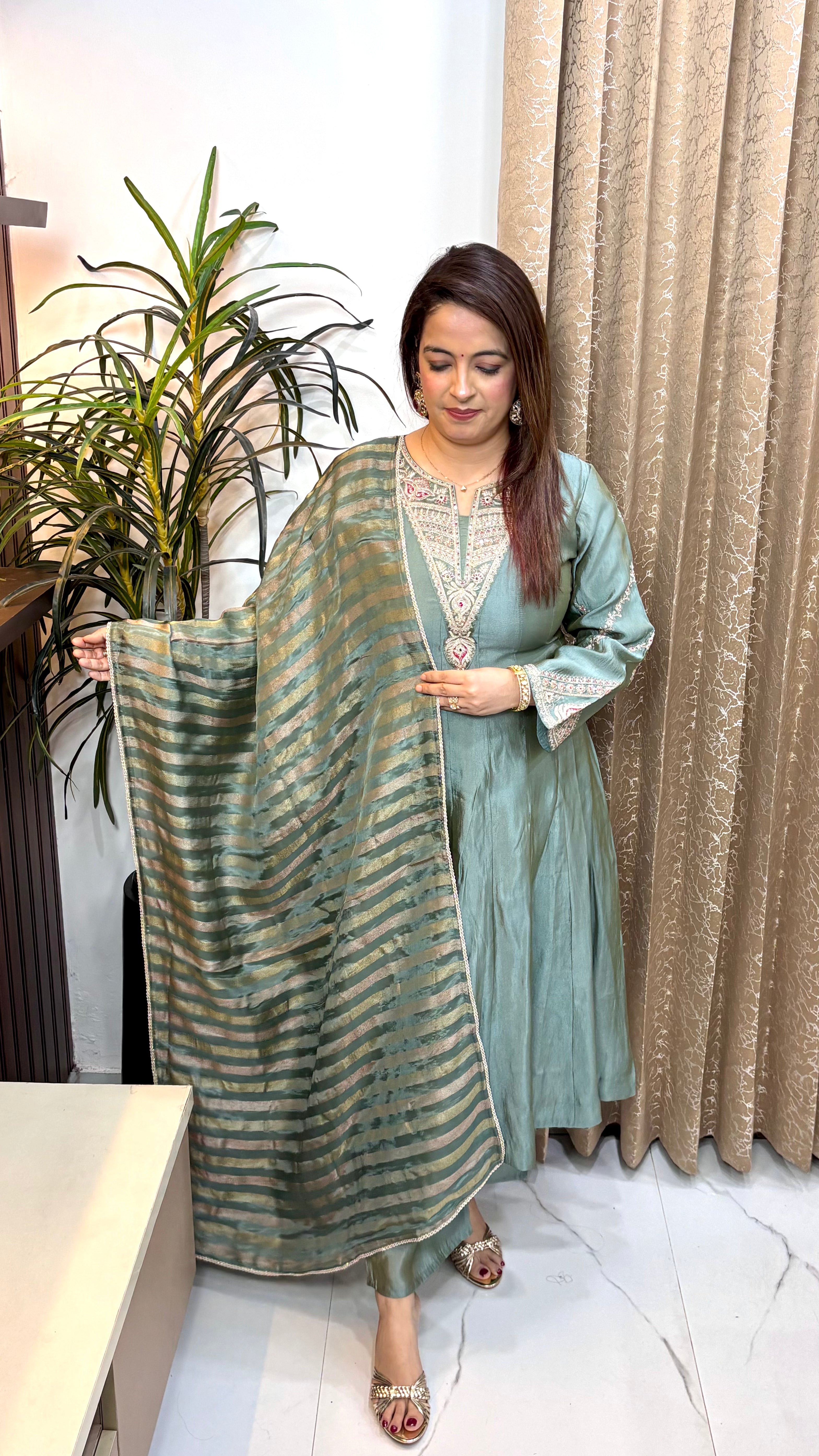 Pure Paper Anarkali Silk 3-Piece Suit Set with Intricate Embroidery & Lagdi Patta Organza Dupatta