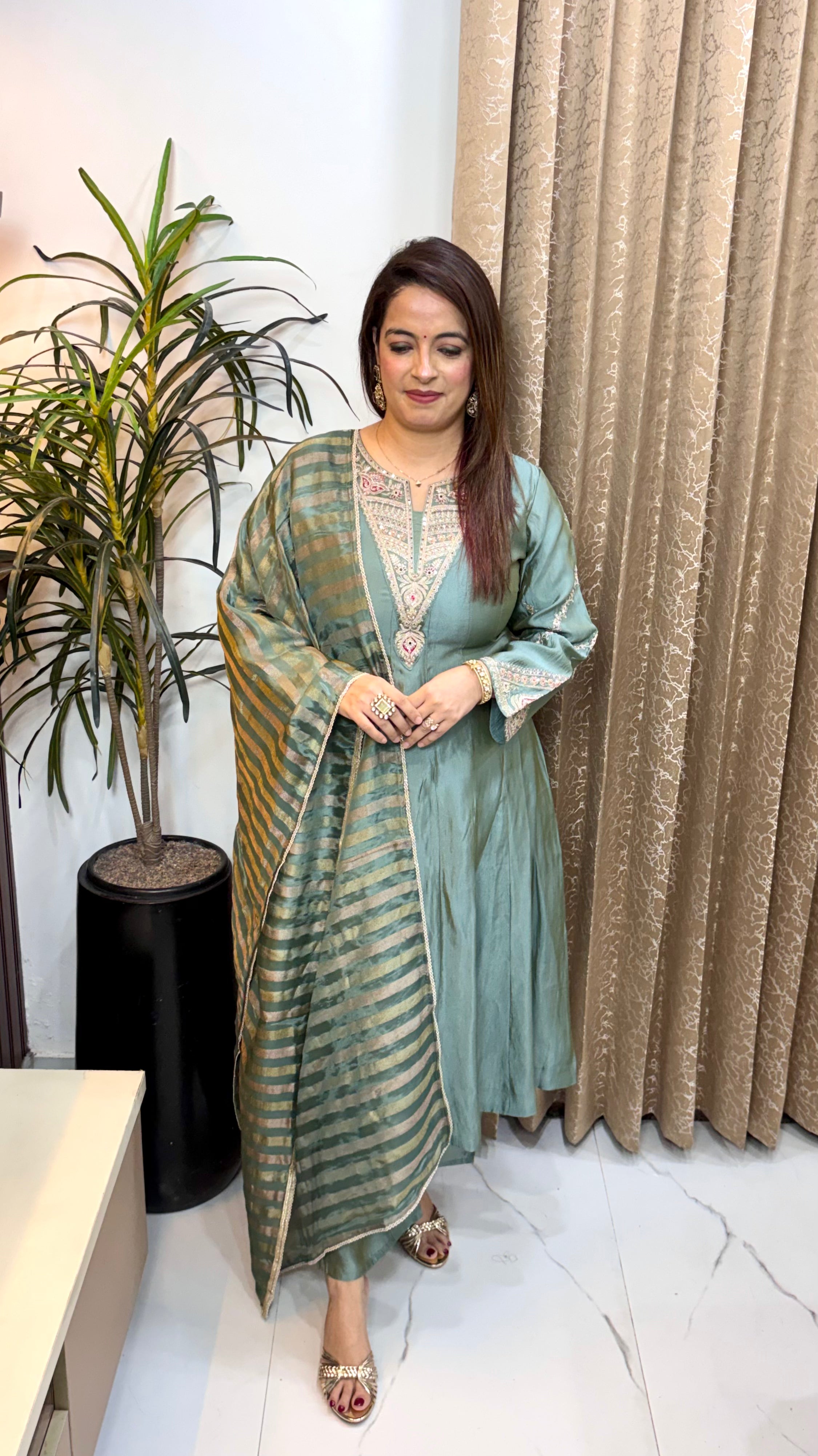Pure Paper Anarkali Silk 3-Piece Suit Set with Intricate Embroidery & Lagdi Patta Organza Dupatta